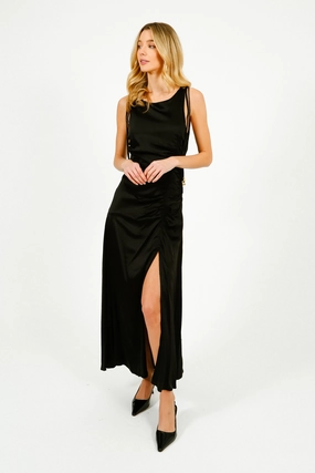 GANNI W0381 Solid Satin Gathered Long Dress in Black Asymmetric-Neck Silky Form