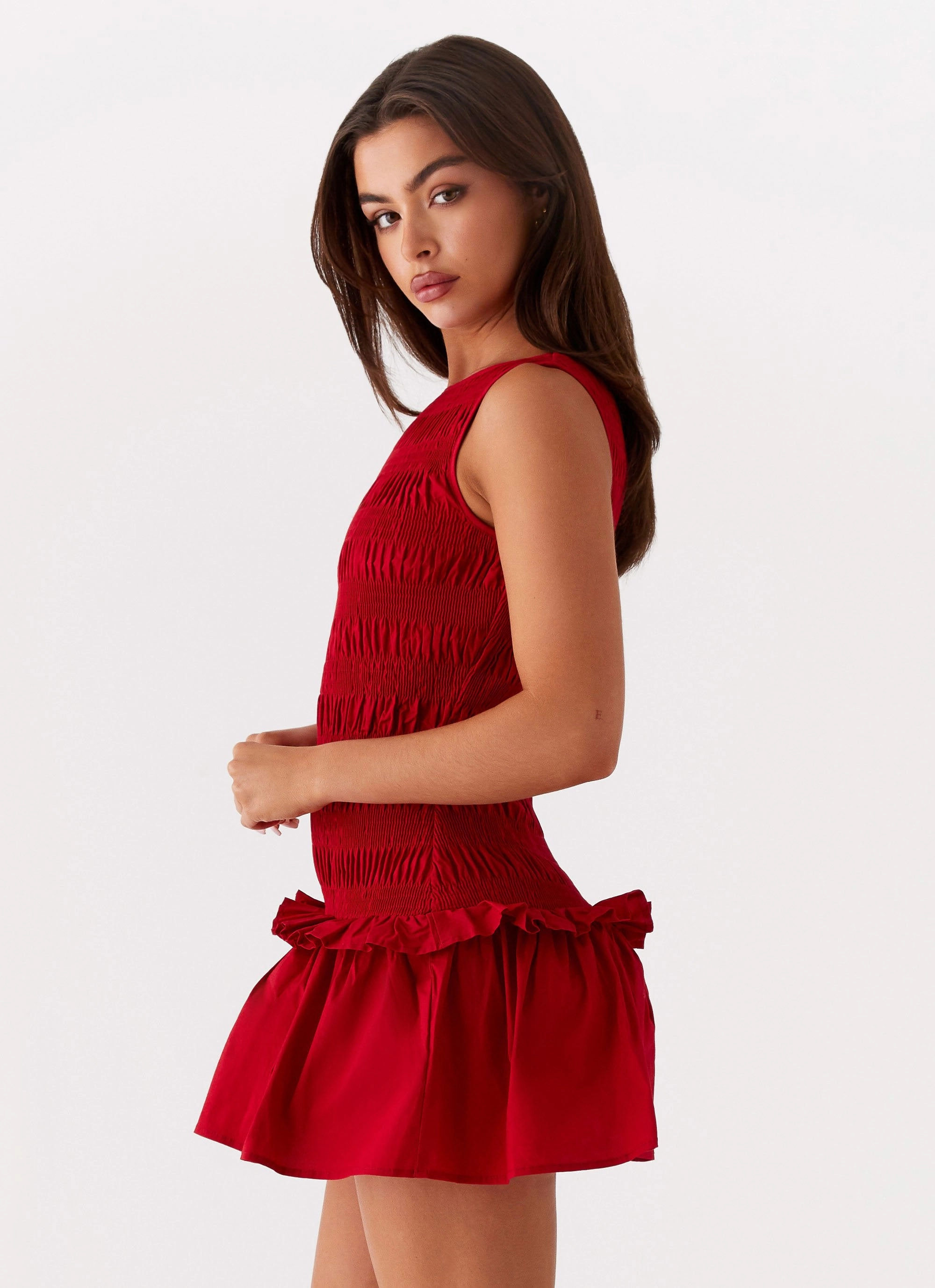 Garden Kisses Shirred Mini Dress - Red Crisp Texture Dreamy Simplicity