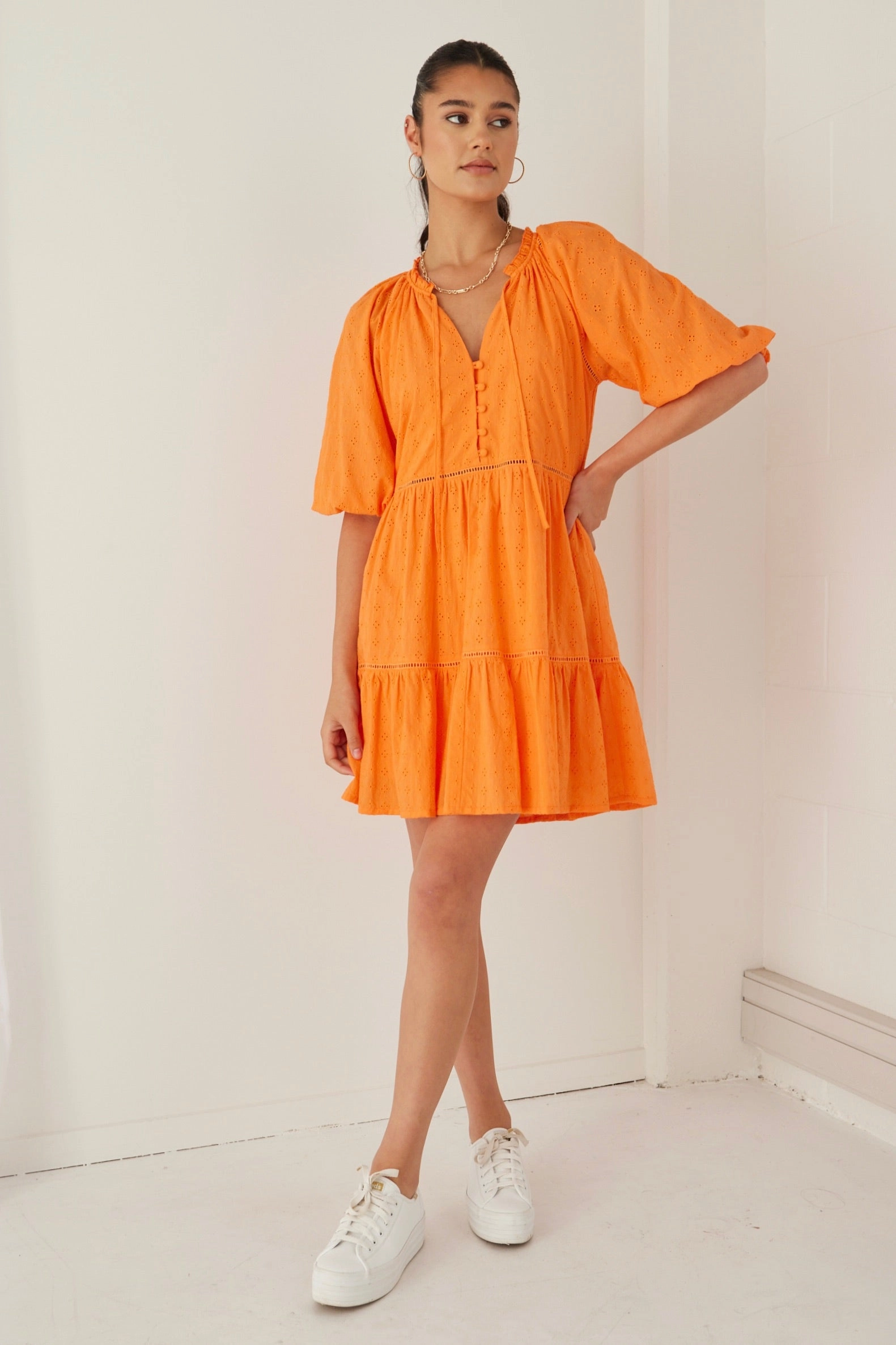 Sharp Finish Gemini Orange Broiderie Balloon Sleeve Tiered Mini Dress