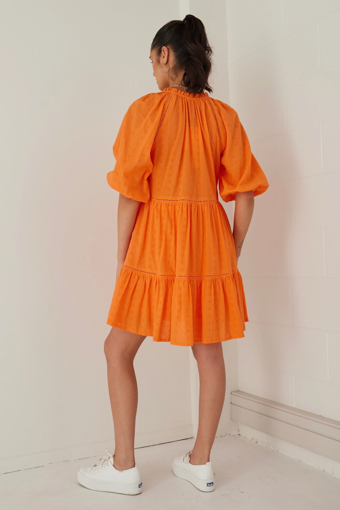 Clean Drape Gemini Orange Broiderie Balloon Sleeve Tiered Mini Dress