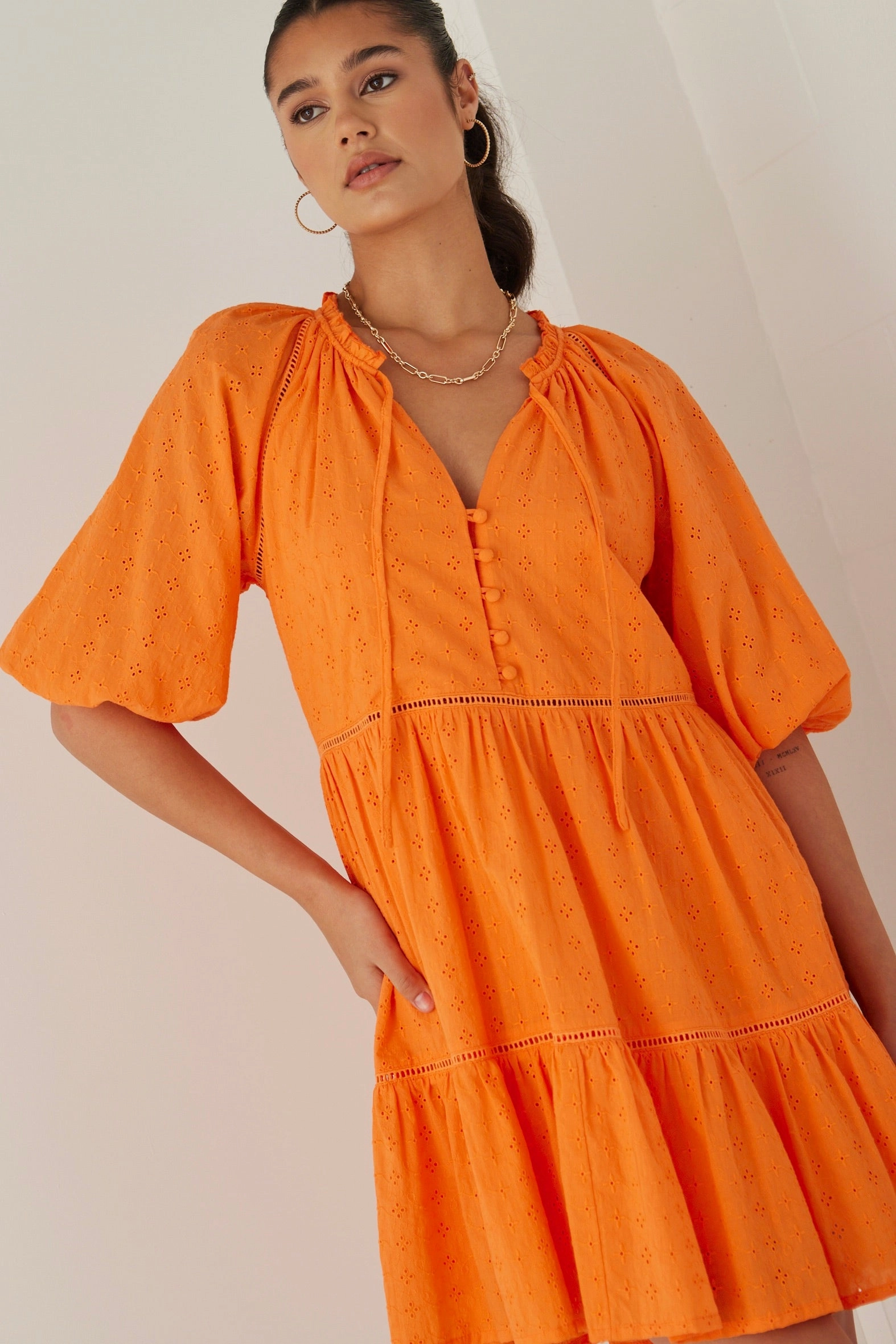 Gemini Orange Broiderie Balloon Sleeve Tiered Mini Dress Relaxed Style Wear Bell-Sleeve