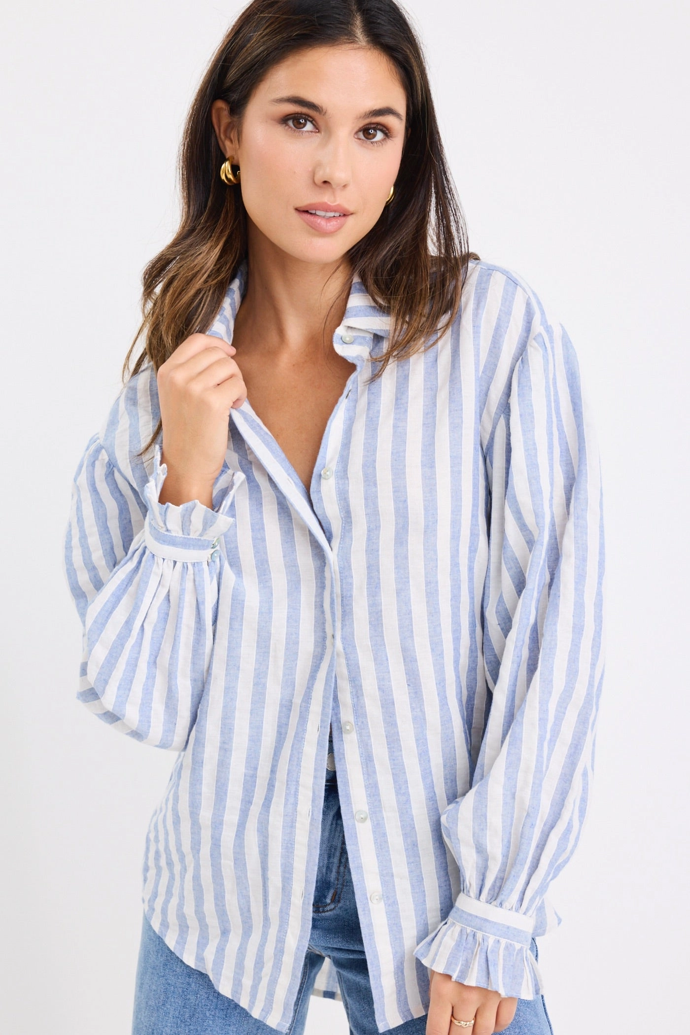 Connection Blue Stripe Drop Shoulder LS Shirt Breathable back panel LightweightDesign