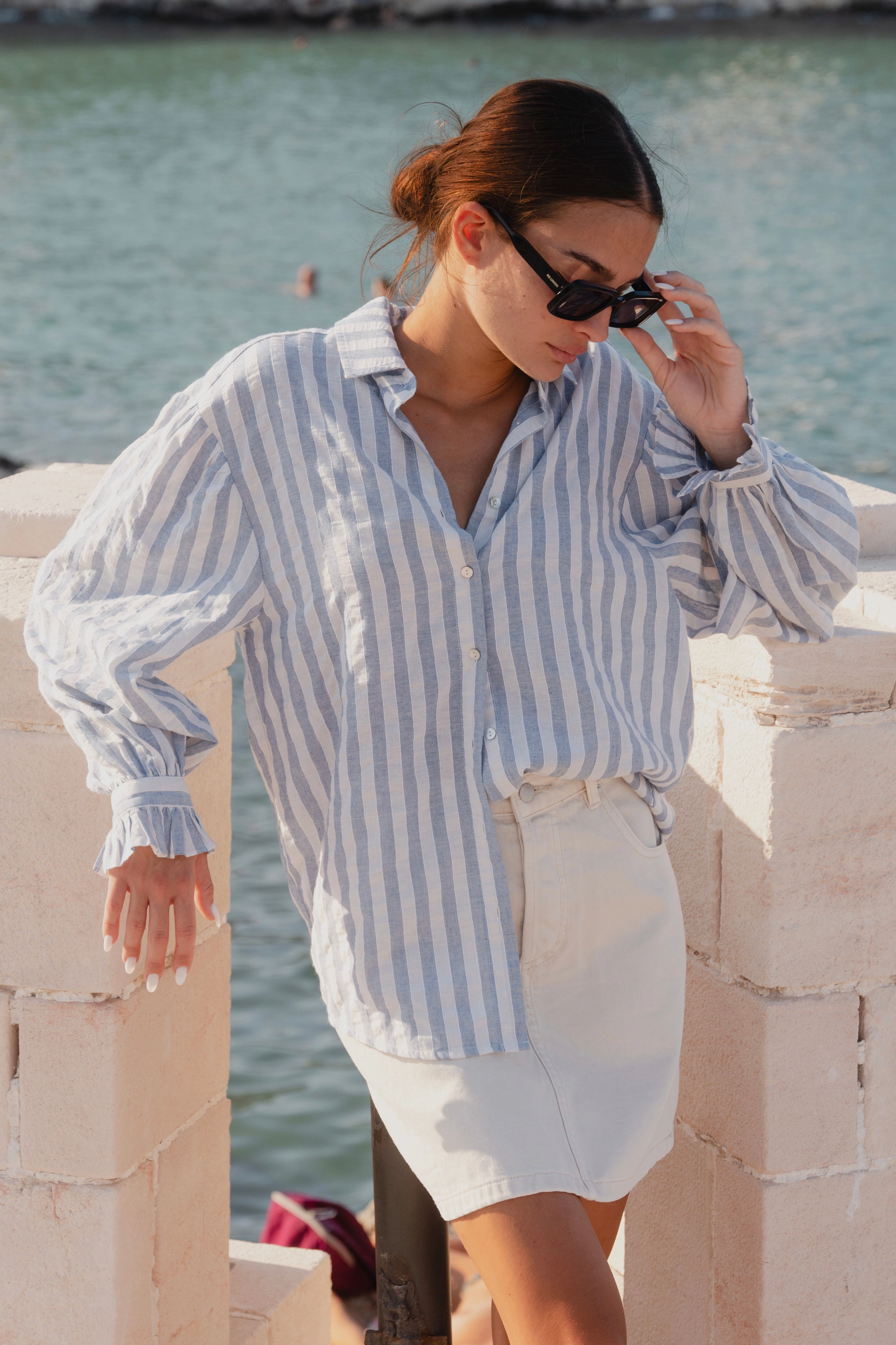 Connection Blue Stripe Drop Shoulder LS Shirt MinimalistCut ConvertibleStyle