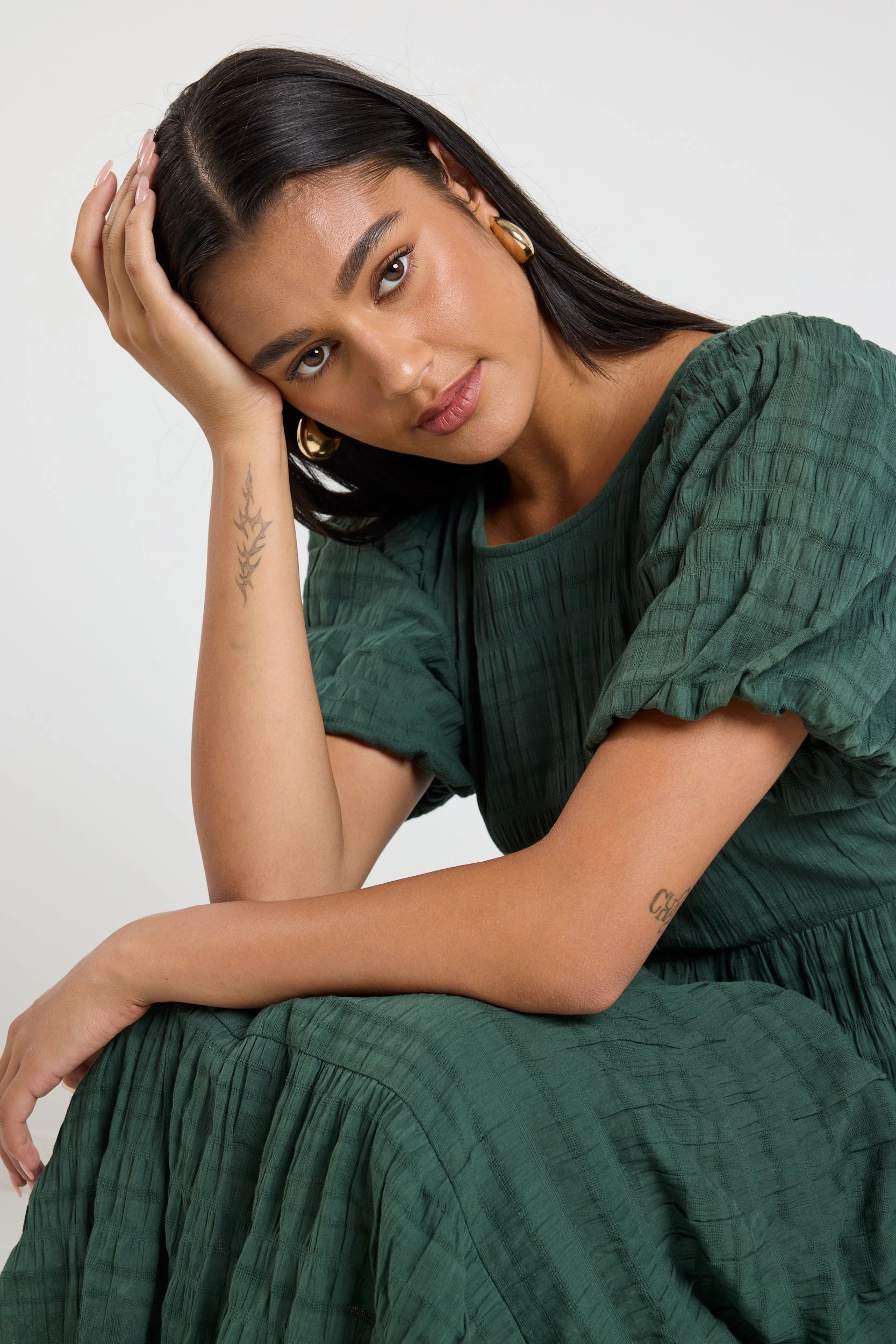 Lounge Outfit Graceful Forest Bubble Short Sleeve Tiered Maxi Dress