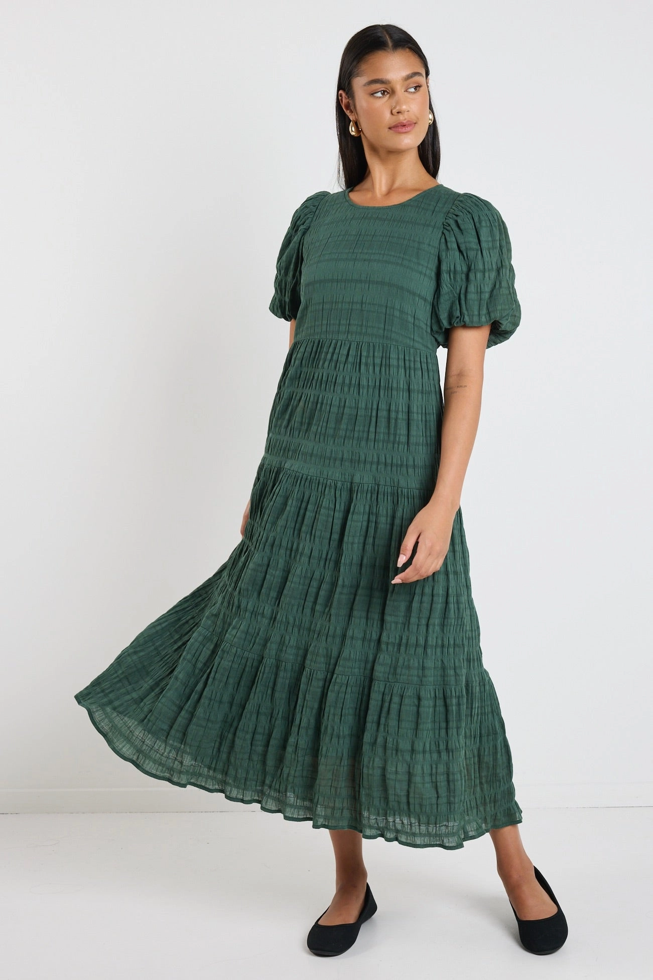 Feminine Look Graceful Forest Bubble Short Sleeve Tiered Maxi Dress