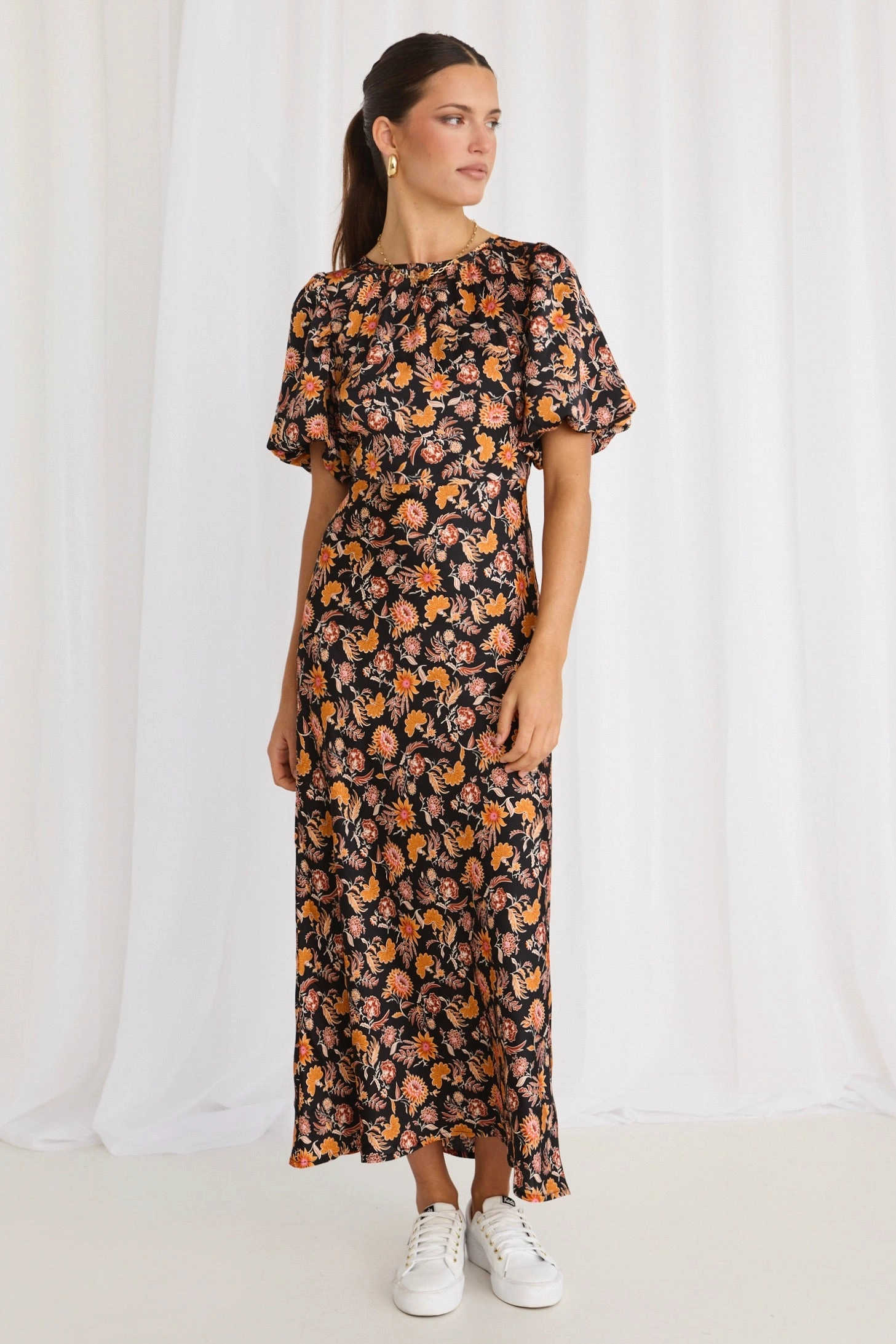 Astrid Black Floral Satin Puff Sleeve Bias Maxi Dress Essential Layer