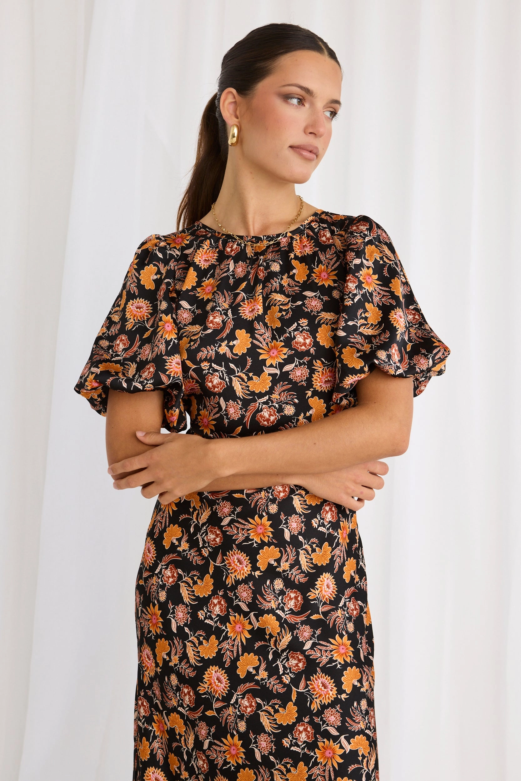 Polite Color Astrid Black Floral Satin Puff Sleeve Bias Maxi Dress