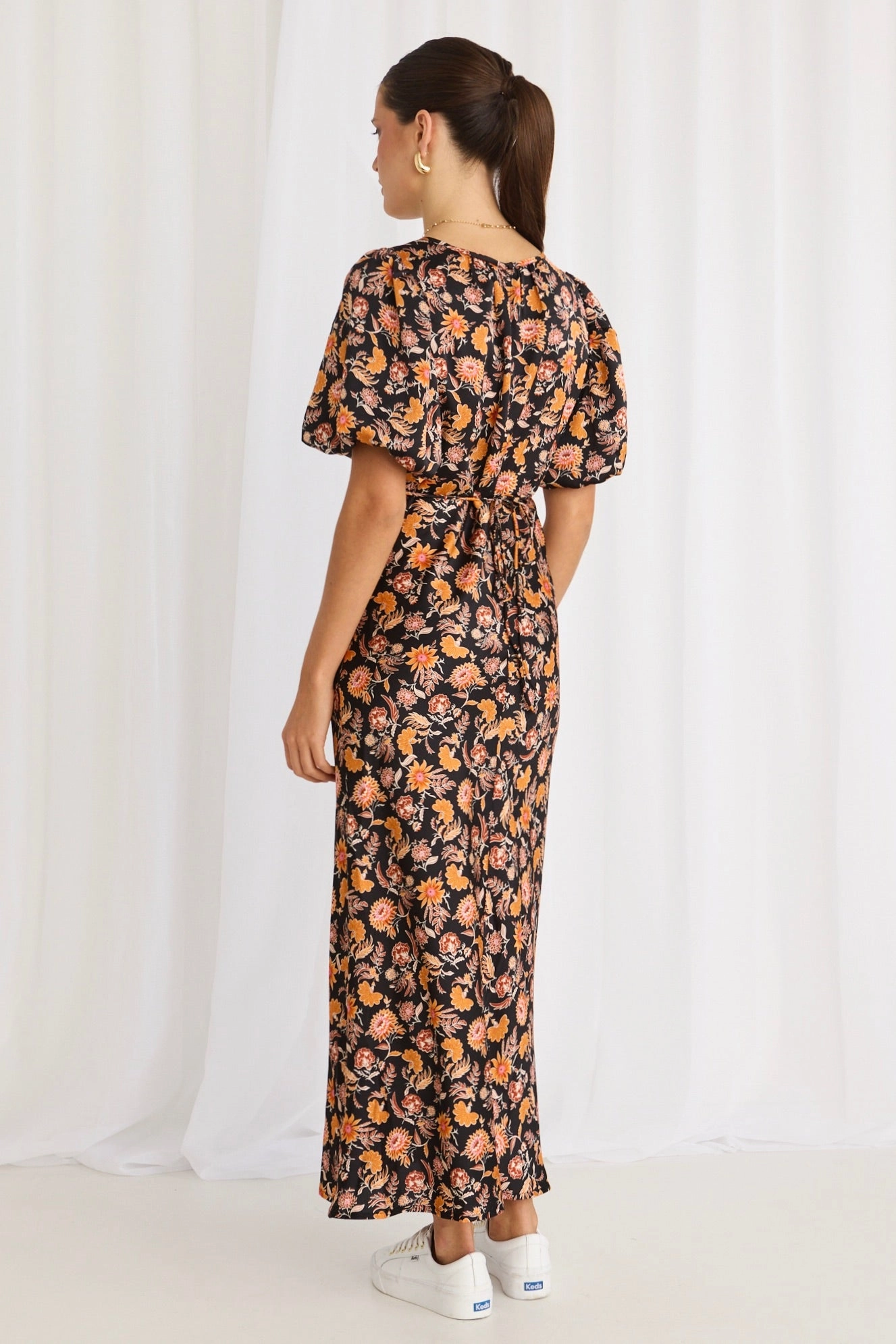 Astrid Black Floral Satin Puff Sleeve Bias Maxi Dress Pure Fit Draped Silhouette