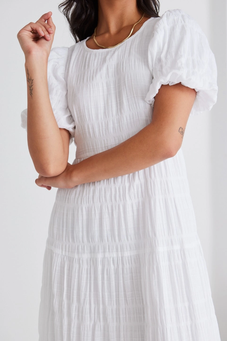 Invisible-Zip Trend Movement Graceful White Shirred Cotton Bubble Sleeve Tiered Maxi Dress