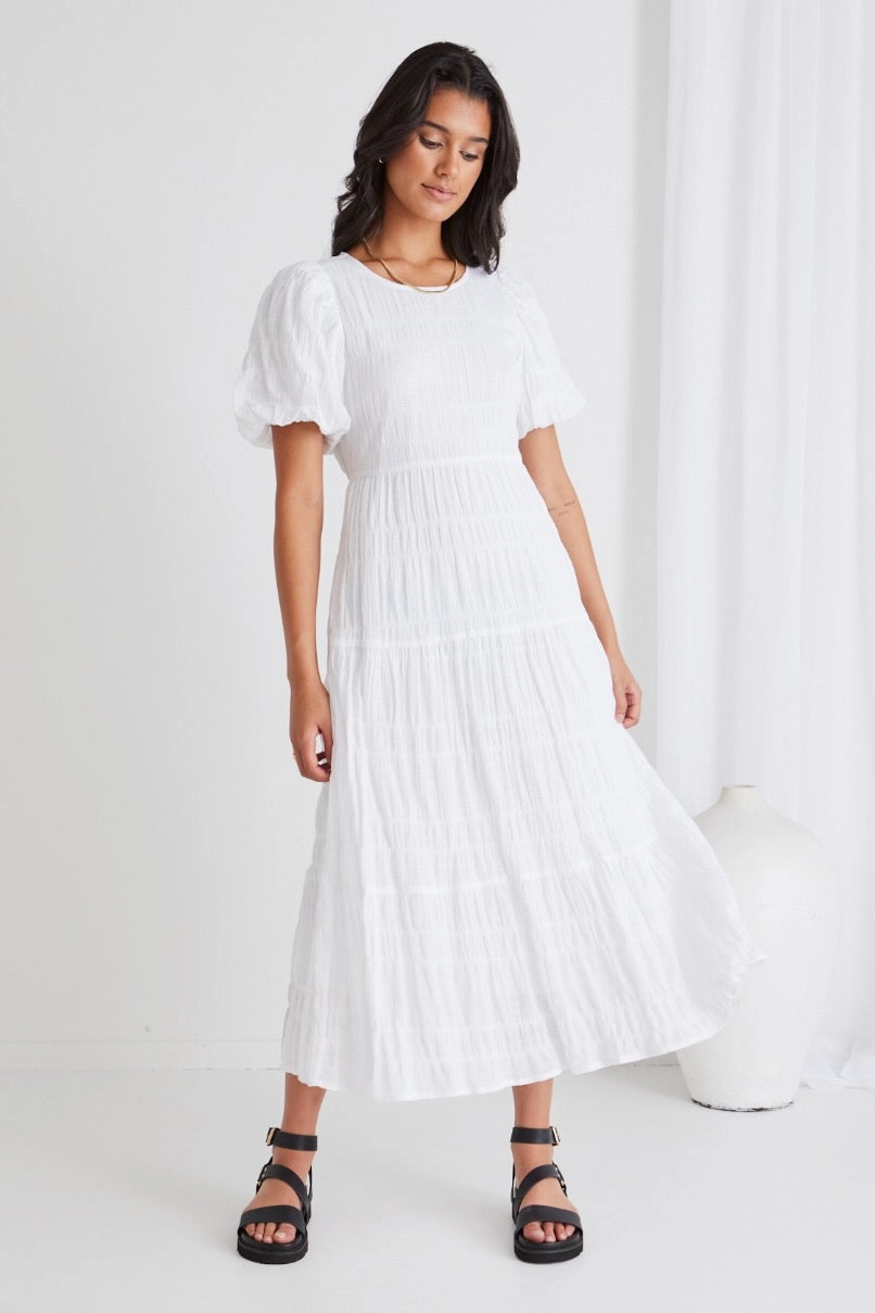 Halter-Neck Graceful White Shirred Cotton Bubble Sleeve Tiered Maxi Dress