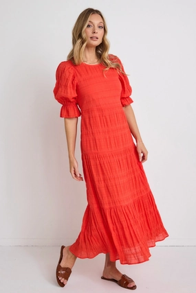 Gratitude Blood Orange Bubble SS Tiered Maxi Dress Vacation Vibe