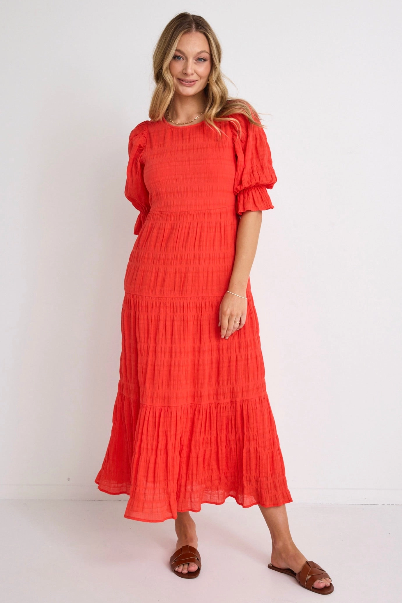 Gratitude Blood Orange Bubble SS Tiered Maxi Dress Baby-Shower