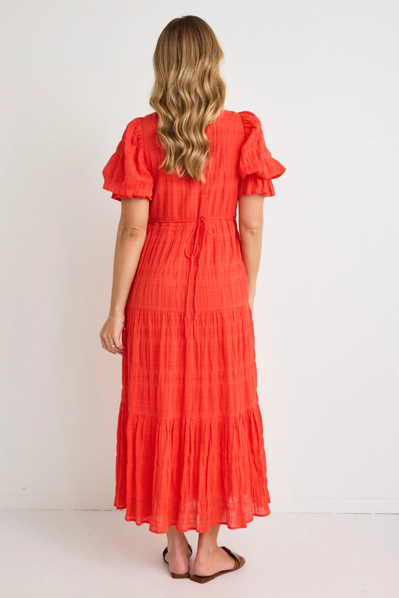Gratitude Blood Orange Bubble SS Tiered Maxi Dress Smart and Chic Chill Style