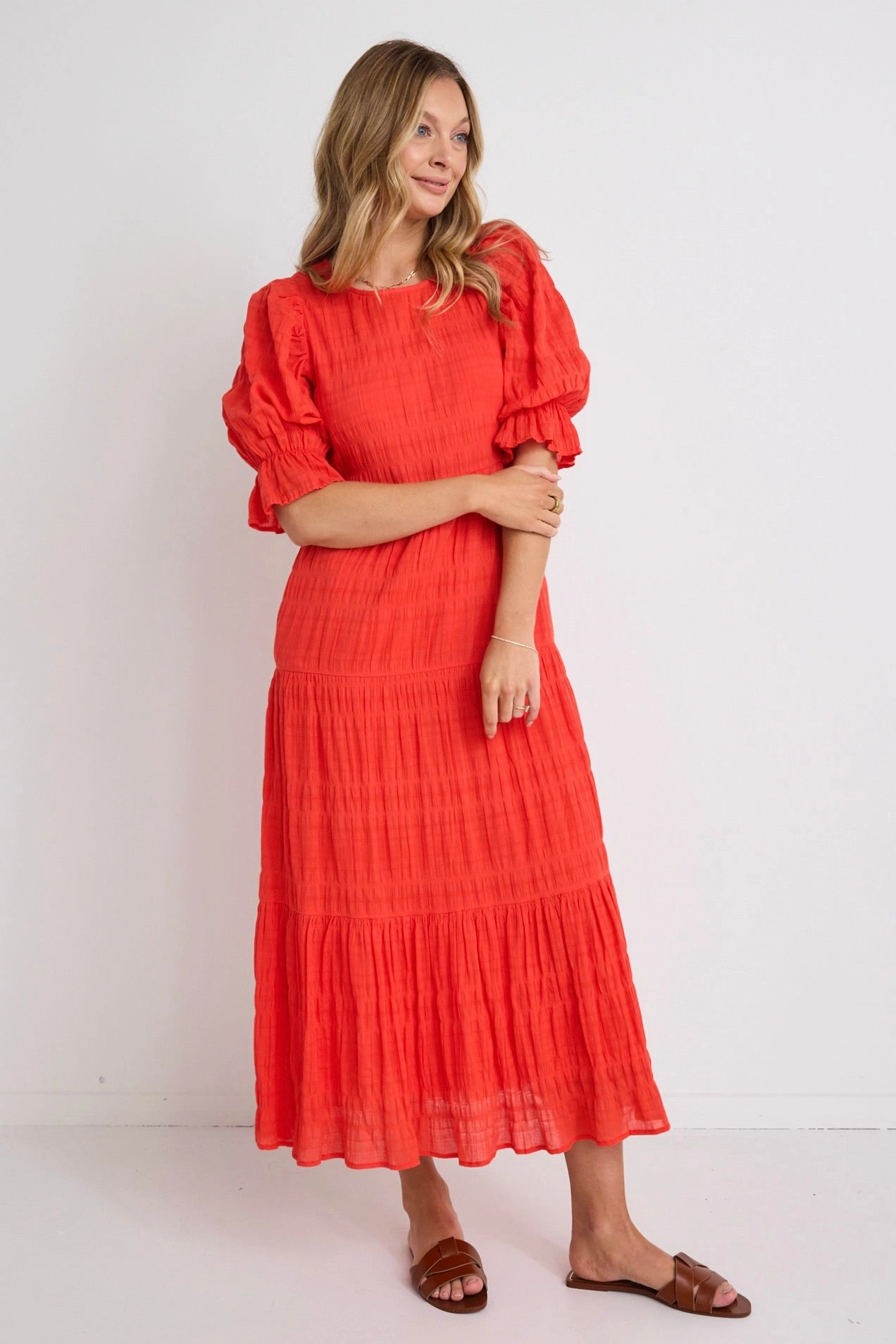 Gratitude Blood Orange Bubble SS Tiered Maxi Dress Movement Feel