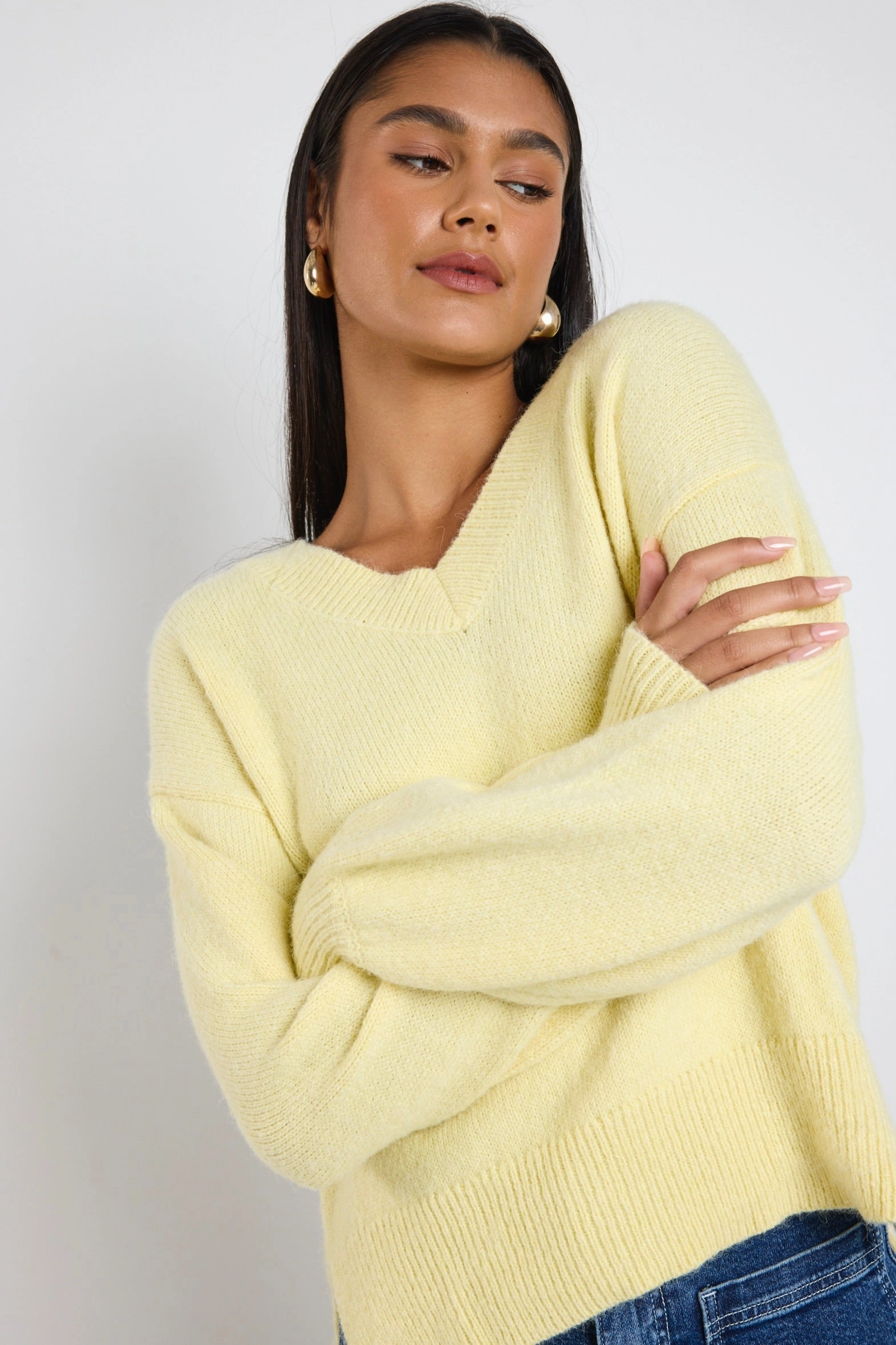 Body Mapped Panels Cost effective Harvest Butter V Neck Knit Jumper