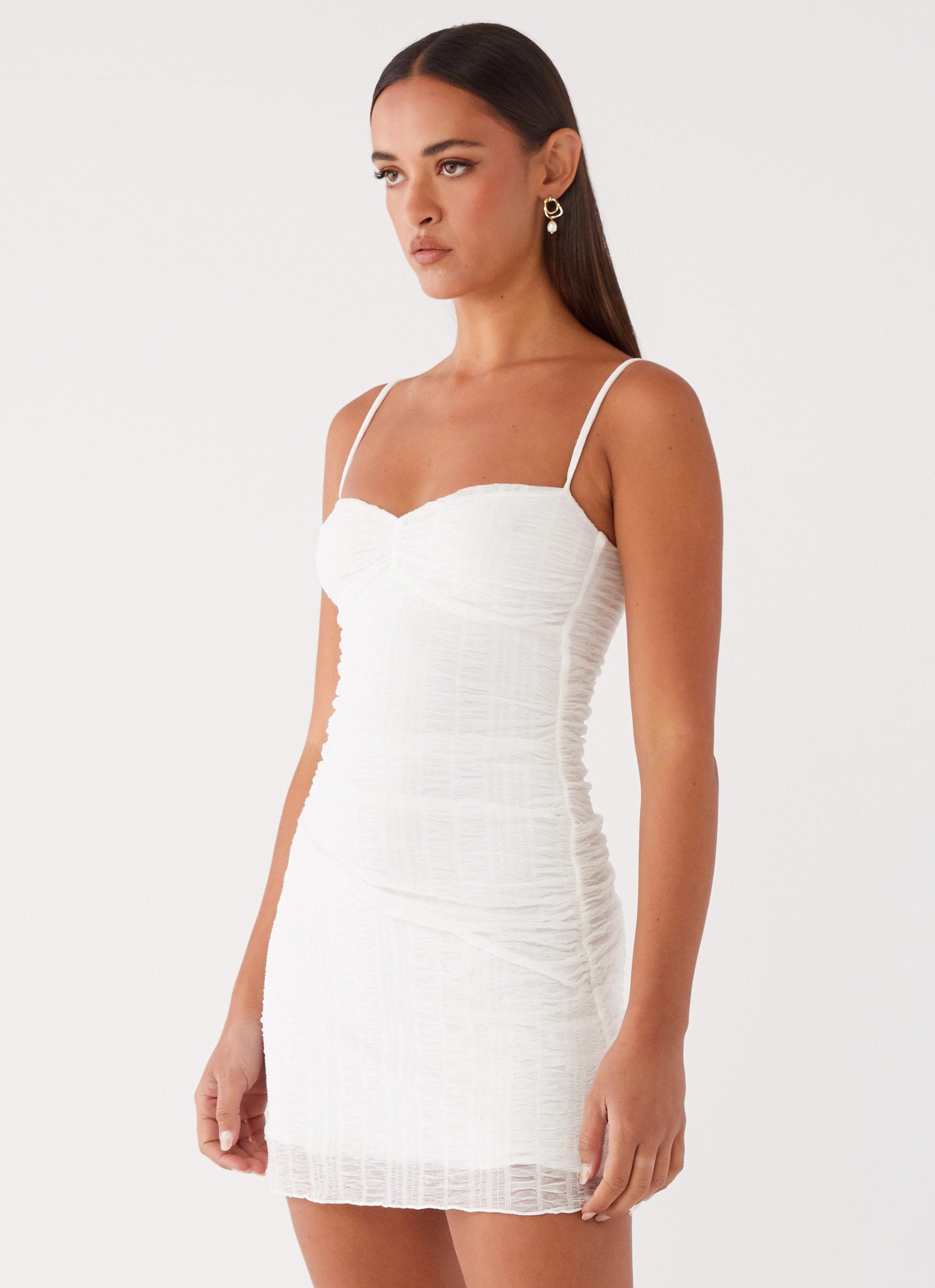 Dropped-Waist Minimal Cut Arden Mesh Mini Dress - White