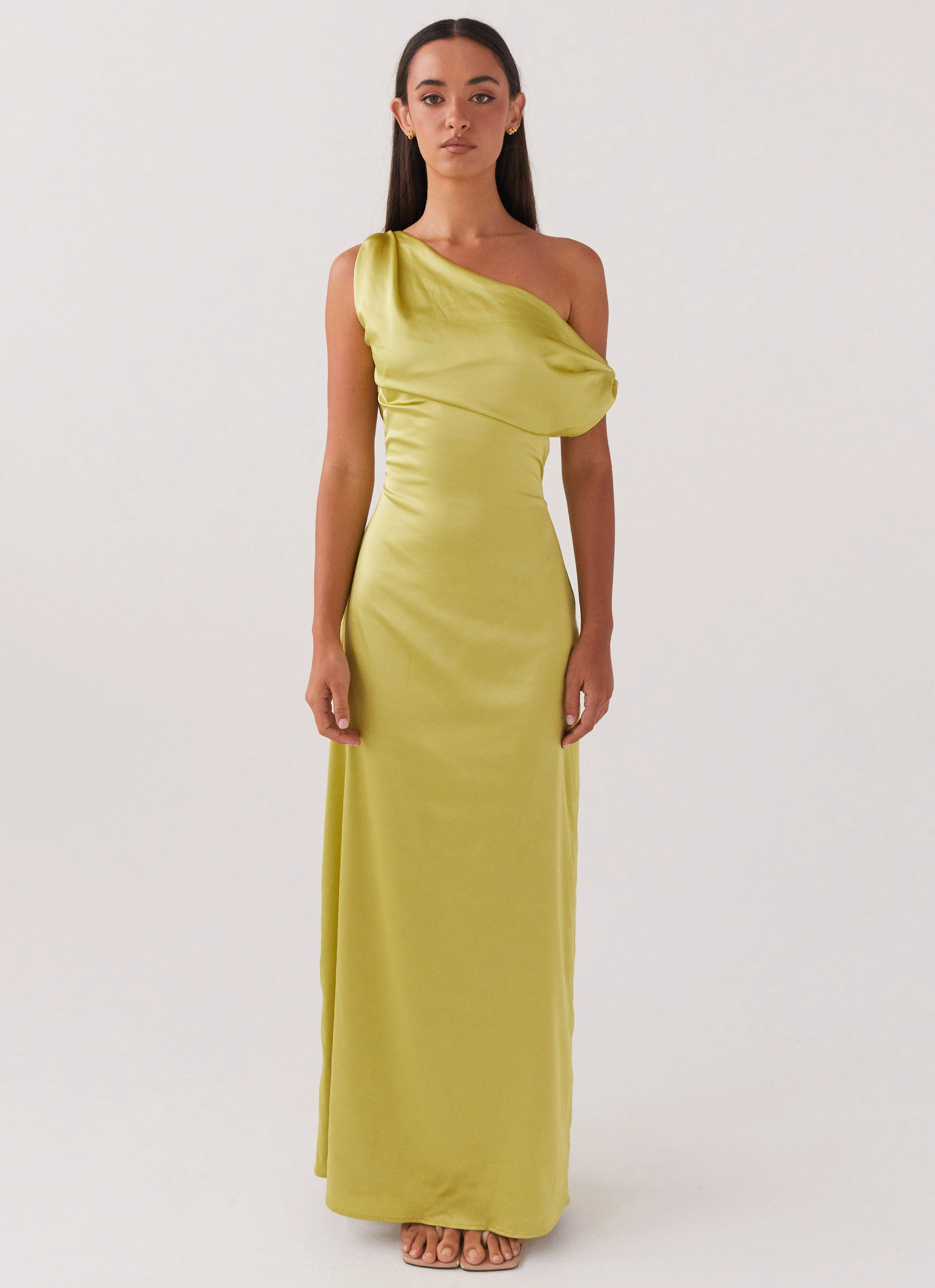 Versatile and Comfortable Resort Outfit Heart Of Glass Satin Maxi Dress - Chartreuse