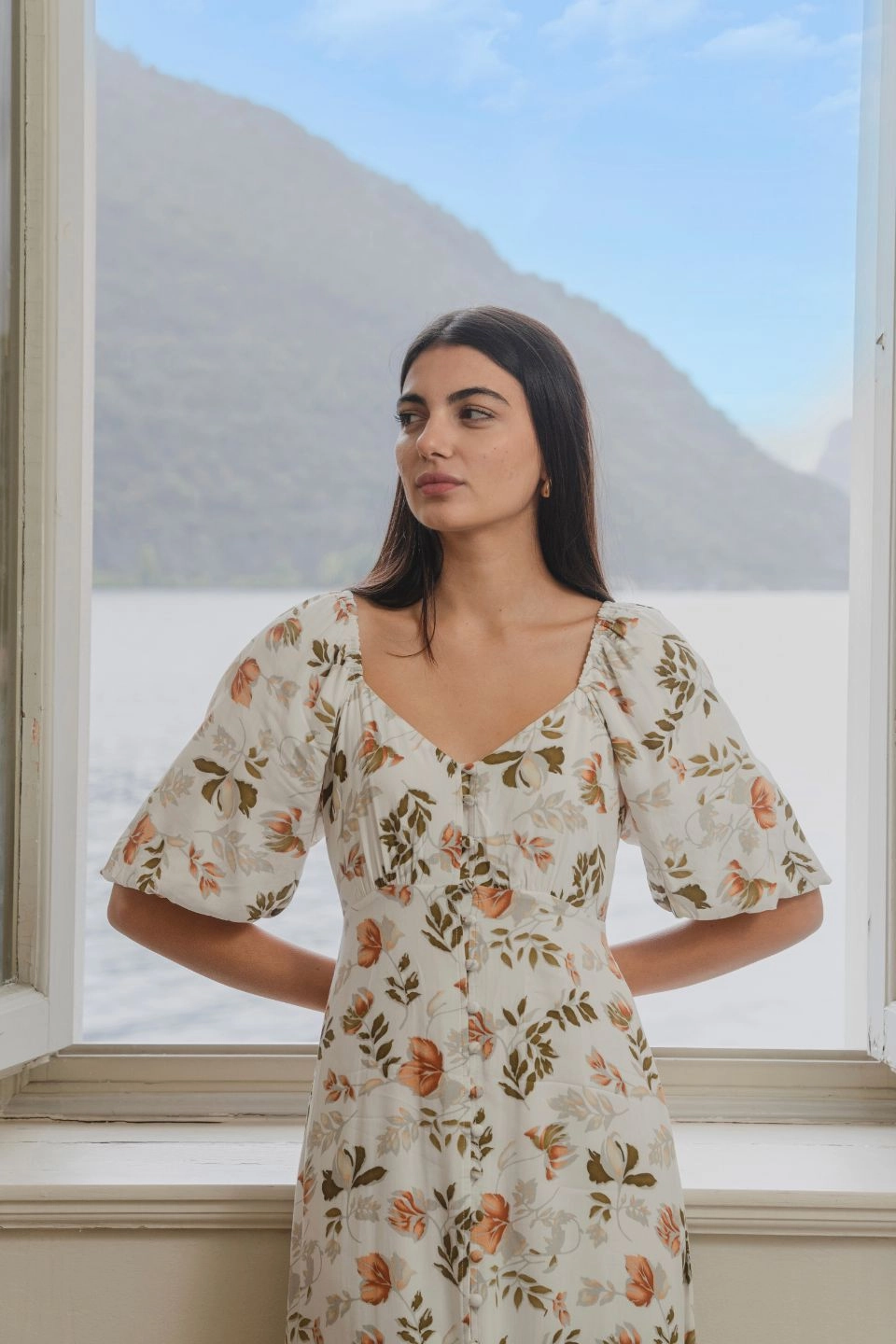 Soft Motion Heartfelt Ivory Floral SS Button Front Midi Dress