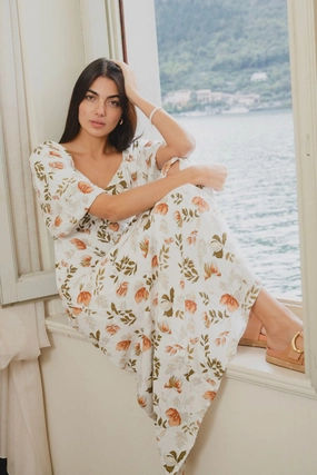 Heartfelt Ivory Floral SS Button Front Midi Dress Urban Cool