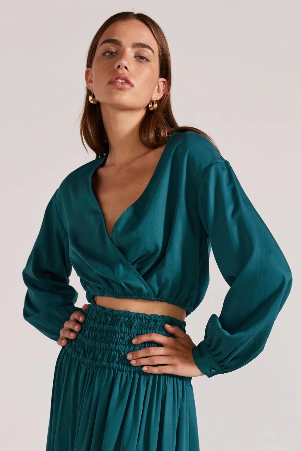 Leila Emerald LS Cropped Top Ribbed collar
