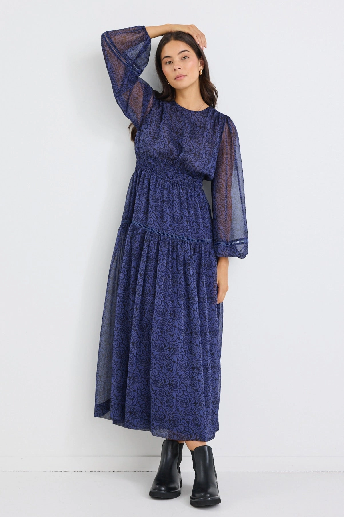 loose silhouette Heavenly Black Ocean Floral Balloon Sleeve Floaty Maxi Dress