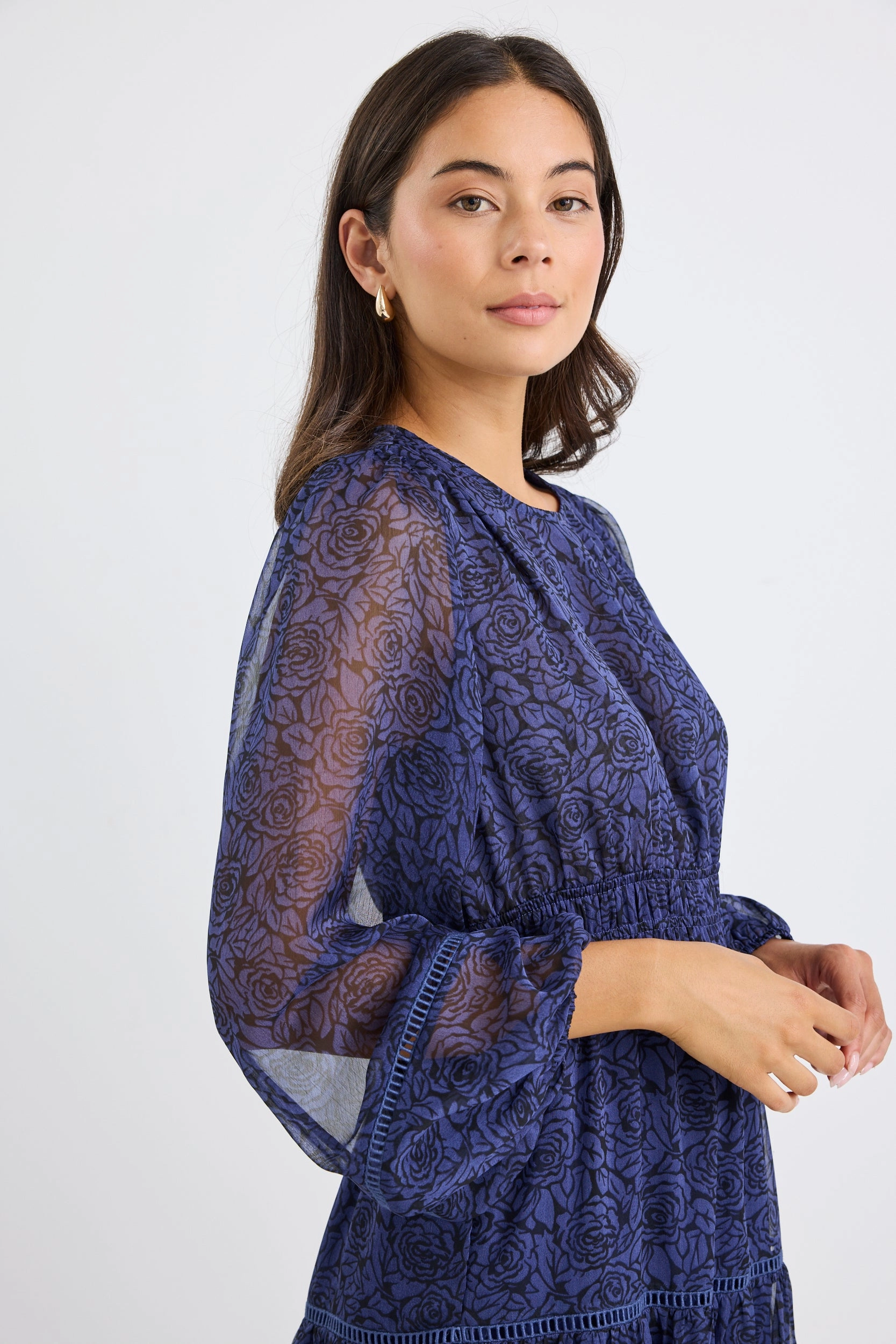 Heavenly Black Ocean Floral Balloon Sleeve Floaty Maxi Dress Beach Moment