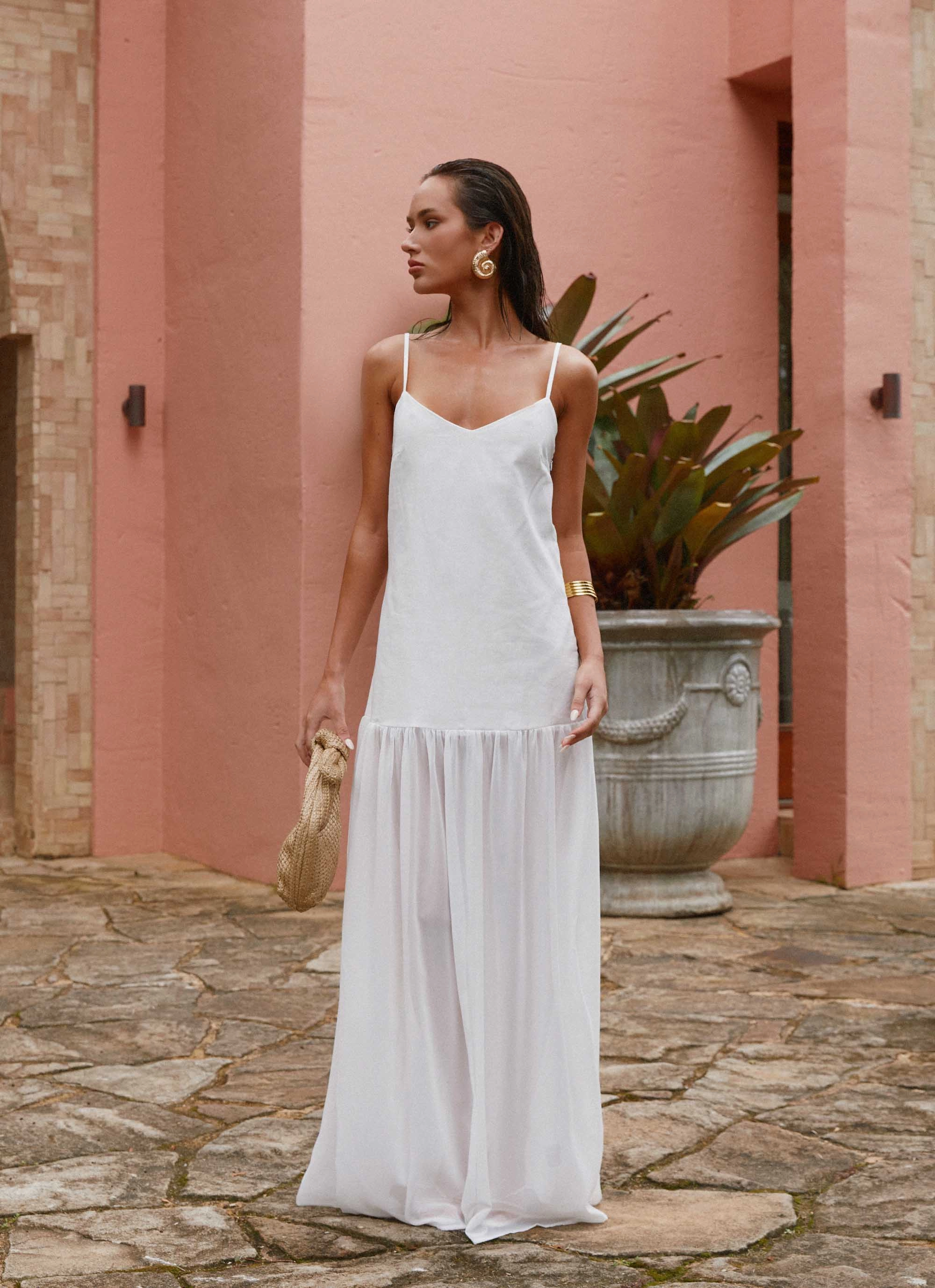 Heavenly Linen Maxi Dress - White TemperatureRegulatingFabric Flattering Waistband