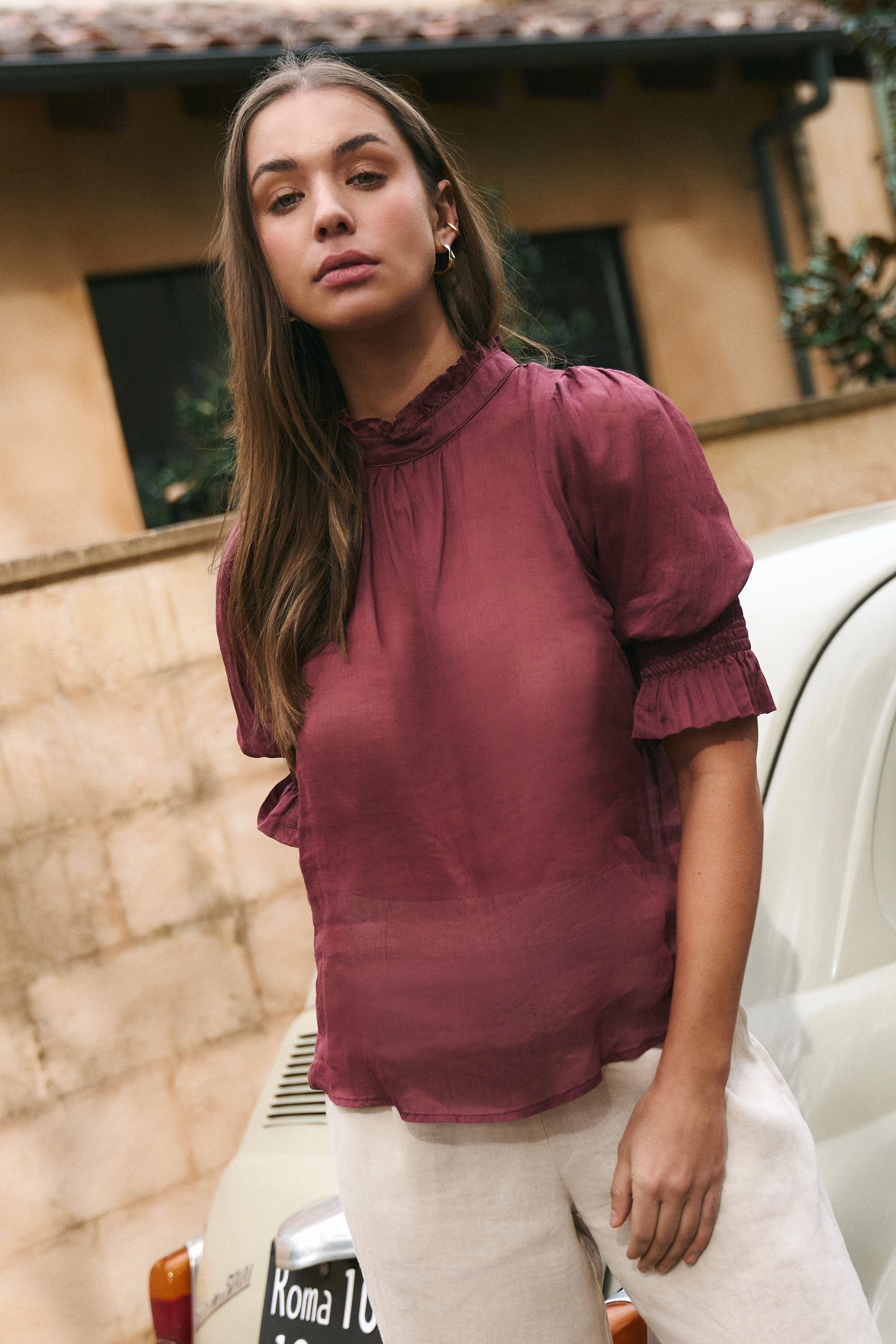 Layered Neckline Verse Burgundy Plum Sheer High Neck Short Sleeve Top