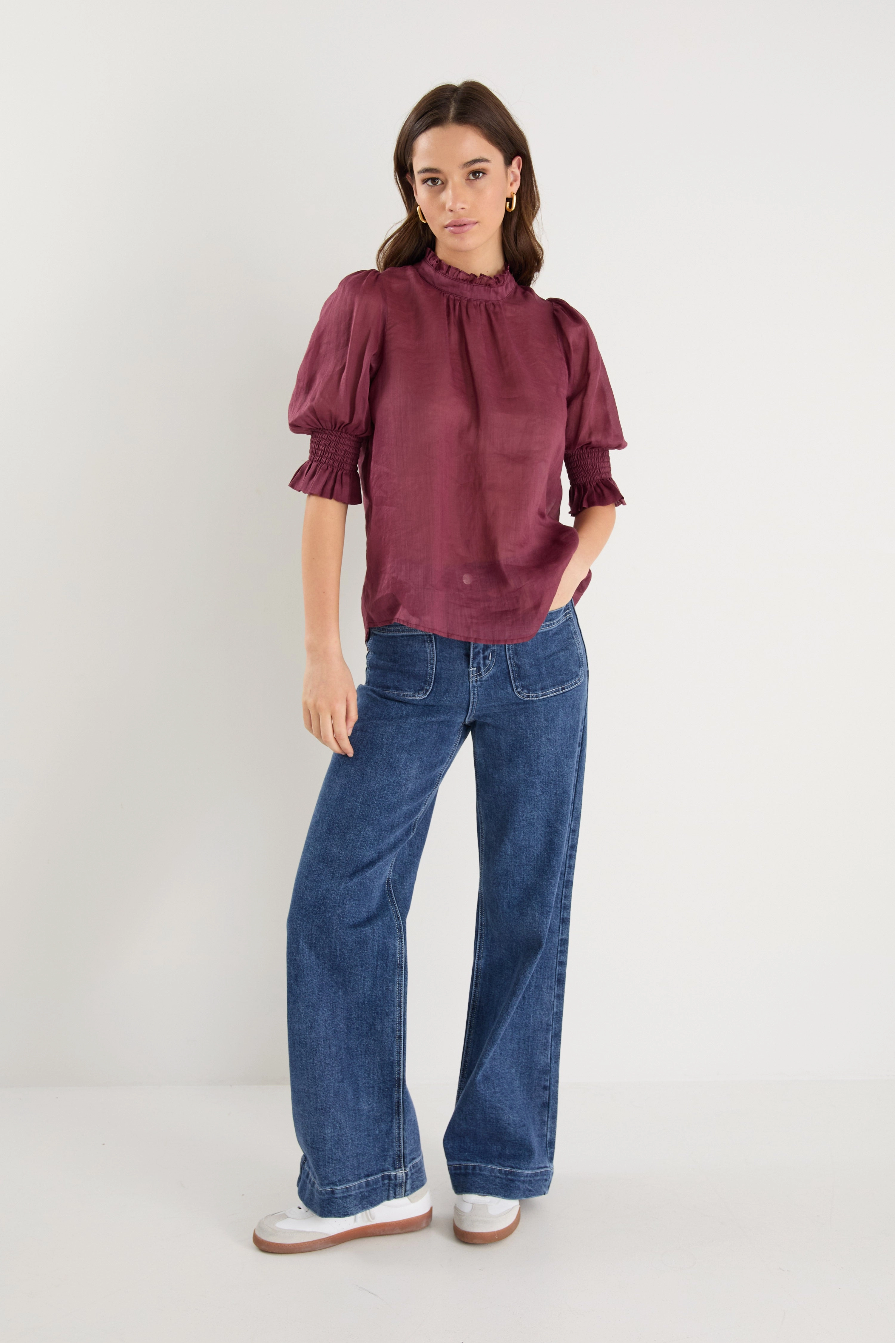 Athletic Look Verse Burgundy Plum Sheer High Neck Short Sleeve Top