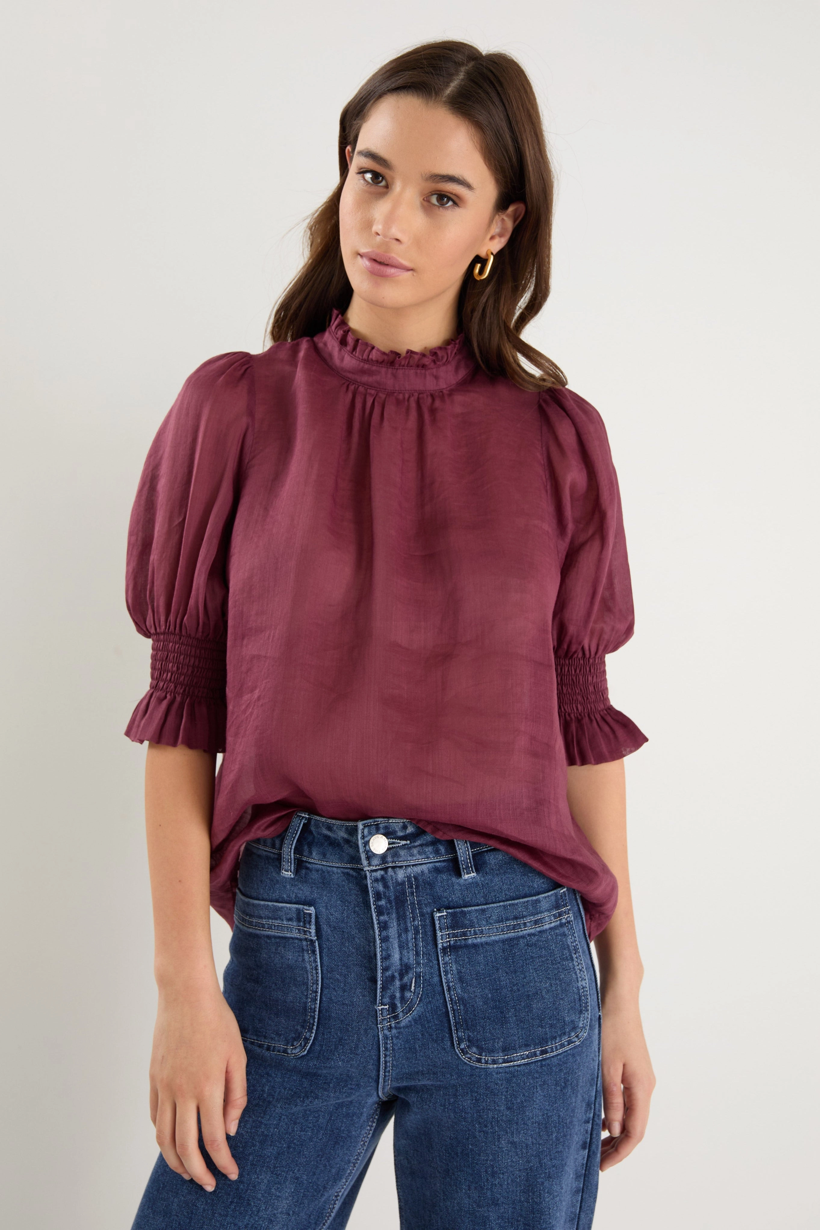 Verse Burgundy Plum Sheer High Neck Short Sleeve Top NonRestrictiveCut