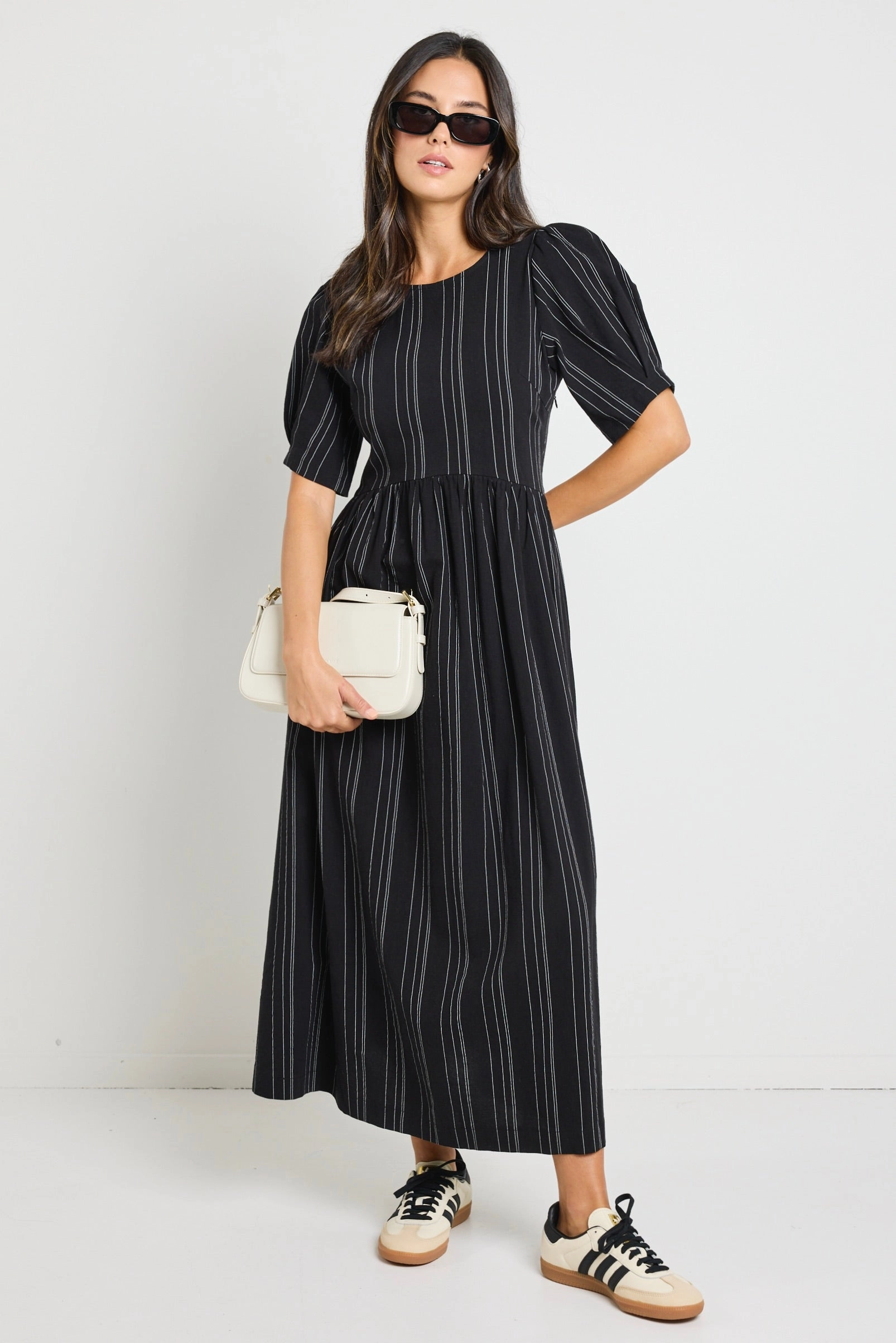 Capsule-Wardrobe Hemisphere Black Stripe Short Sleeve Relaxed Midi Dress