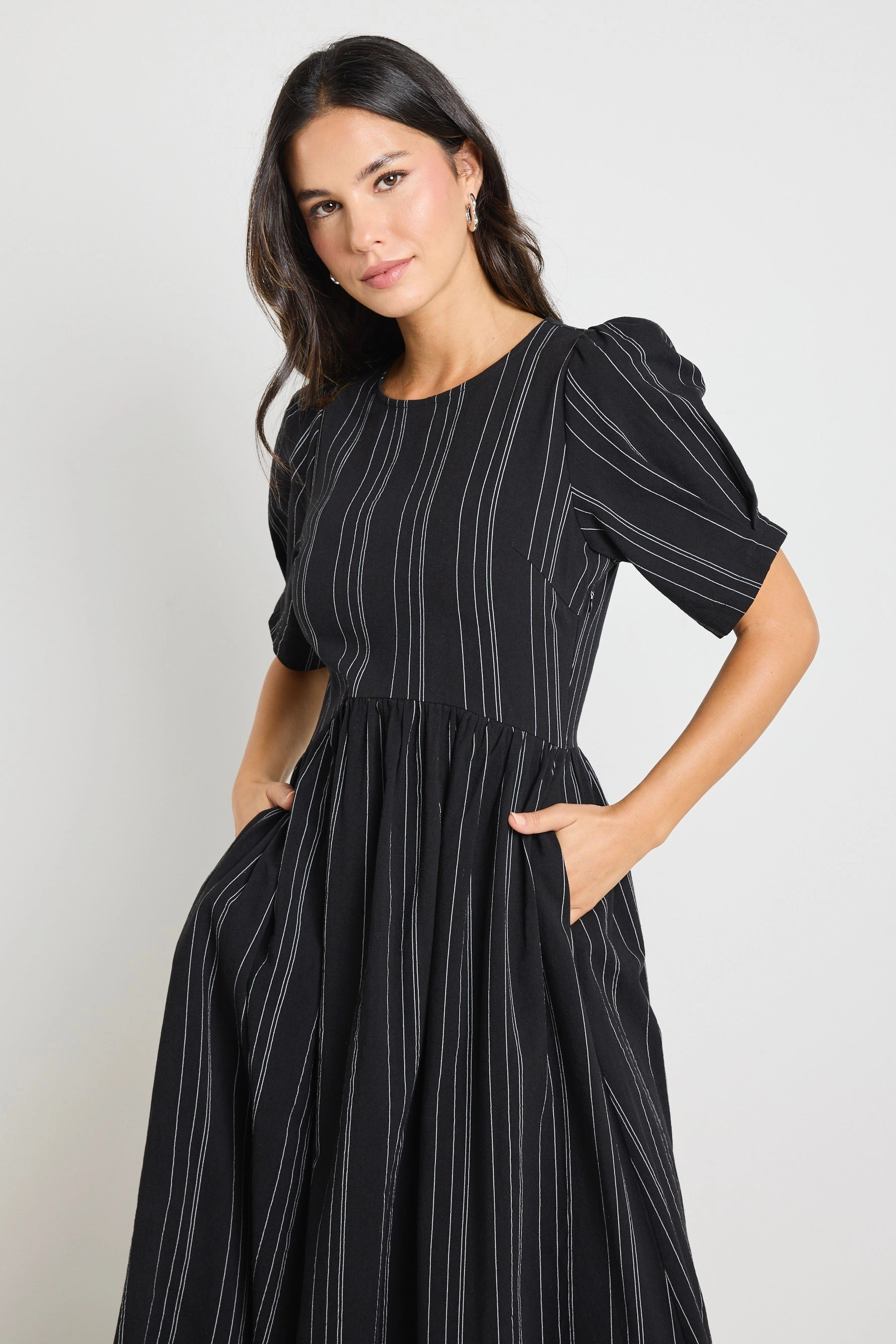 Smart Waistband Fit Subtle Flow Hemisphere Black Stripe Short Sleeve Relaxed Midi Dress
