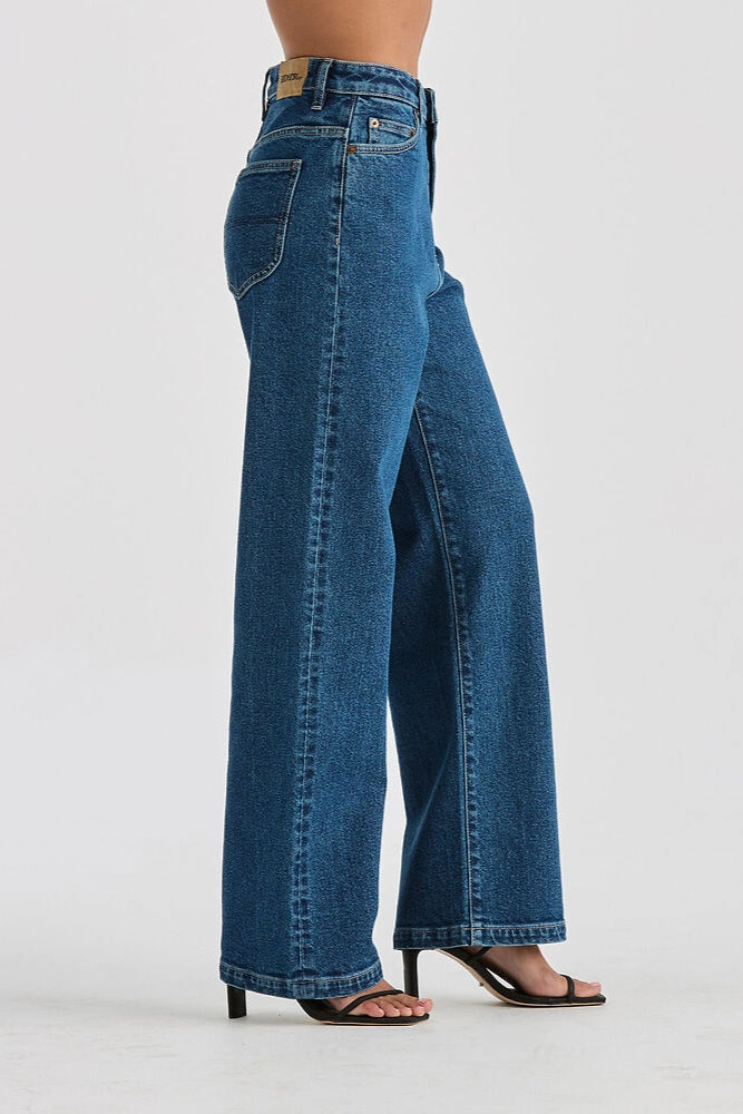 Unfaded Hemline Stretch Unisex Wear Classic Wear Hi Wide Afterglow Blue Denim Jean