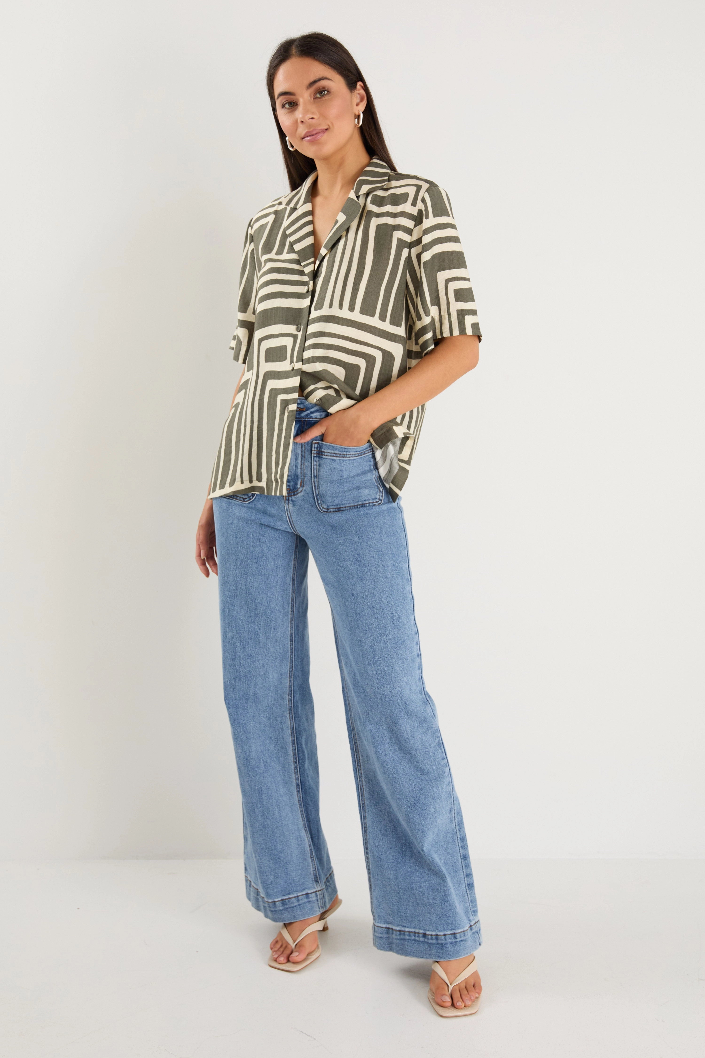 Ribbed Hem Dispatch Khaki Maze Print Short Sleeved Boxy Shirt