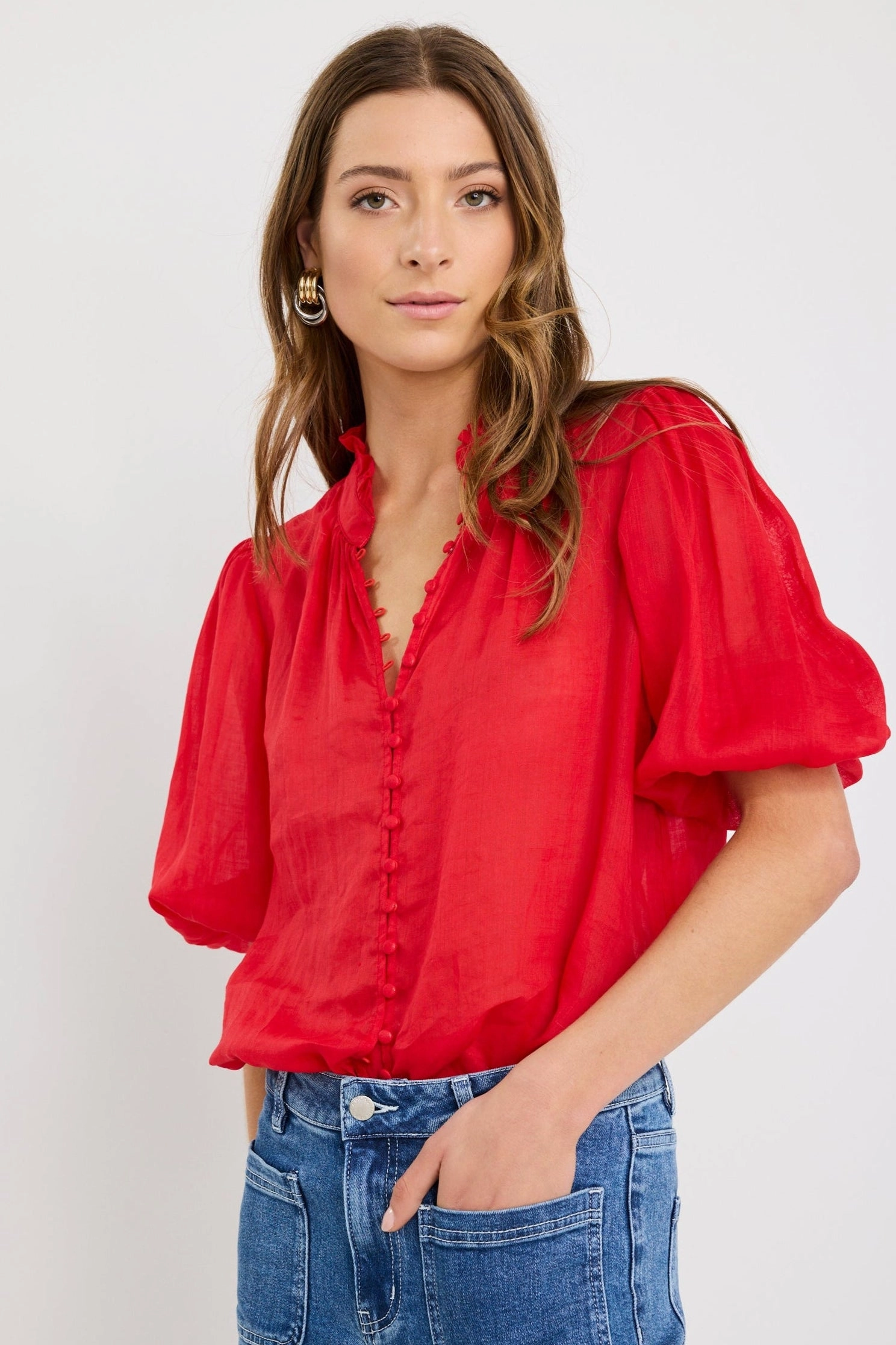 Stretch Fit Top FlexibleNeckline Continuance Poppy Ramie High Neck Buttoned SS Top