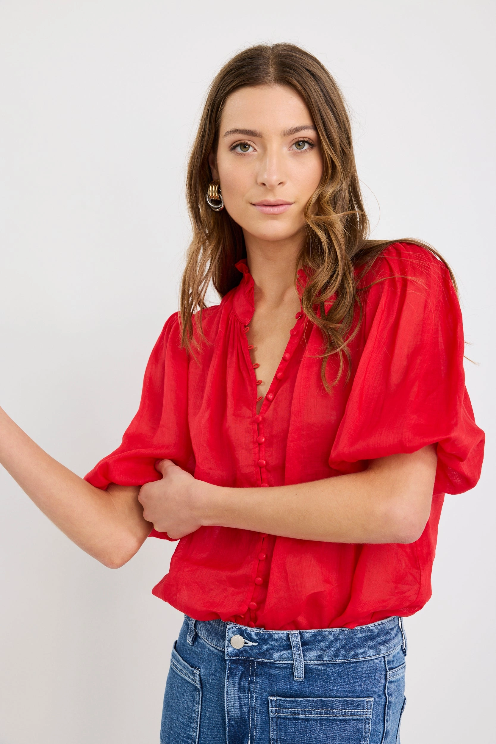 Continuance Poppy Ramie High Neck Buttoned SS Top EcoCertified Textile MultiFunctional Pocket Placement