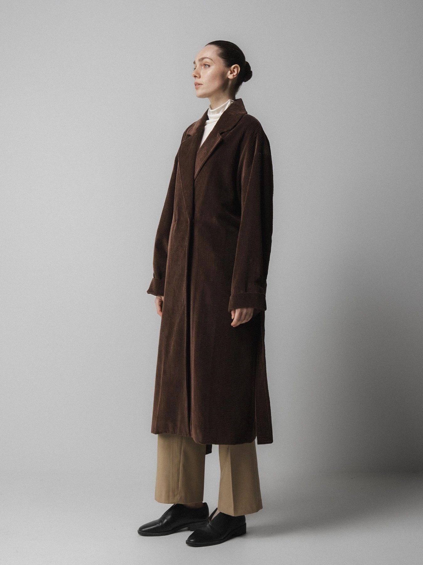Emin   Paul Corduroy Long Belted Coat in Brown Flexible Elasticity Stretch Cloth