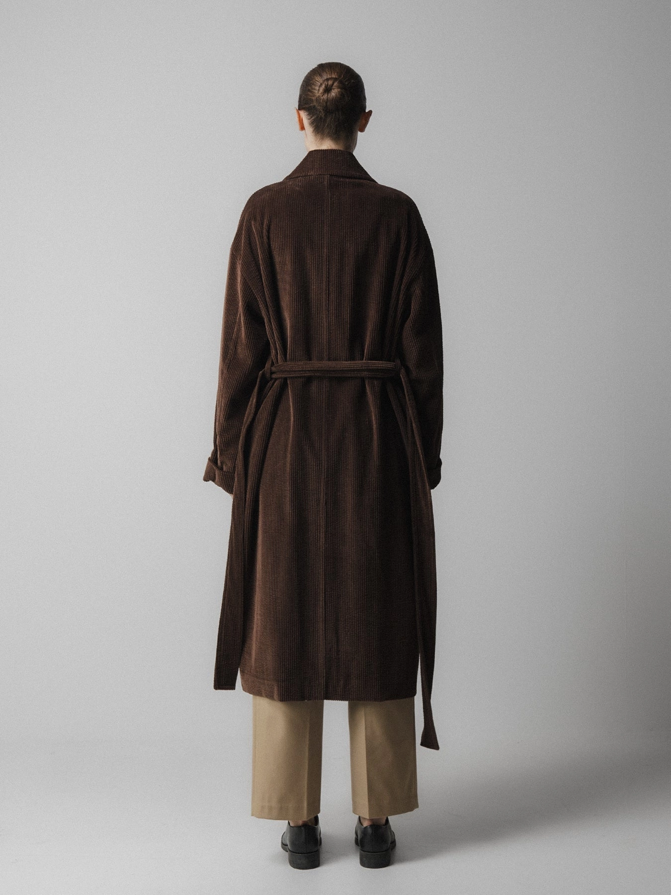 Emin   Paul Corduroy Long Belted Coat in Brown Ergonomic Drape LightweightConstruction