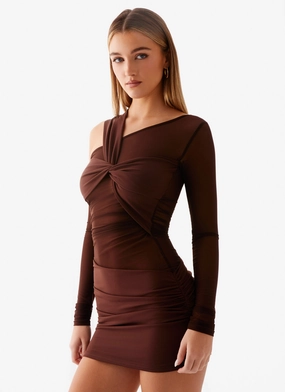 Gentle Look Ophelie Asymmetric Long Sleeve Mini Dress - Chocolate
