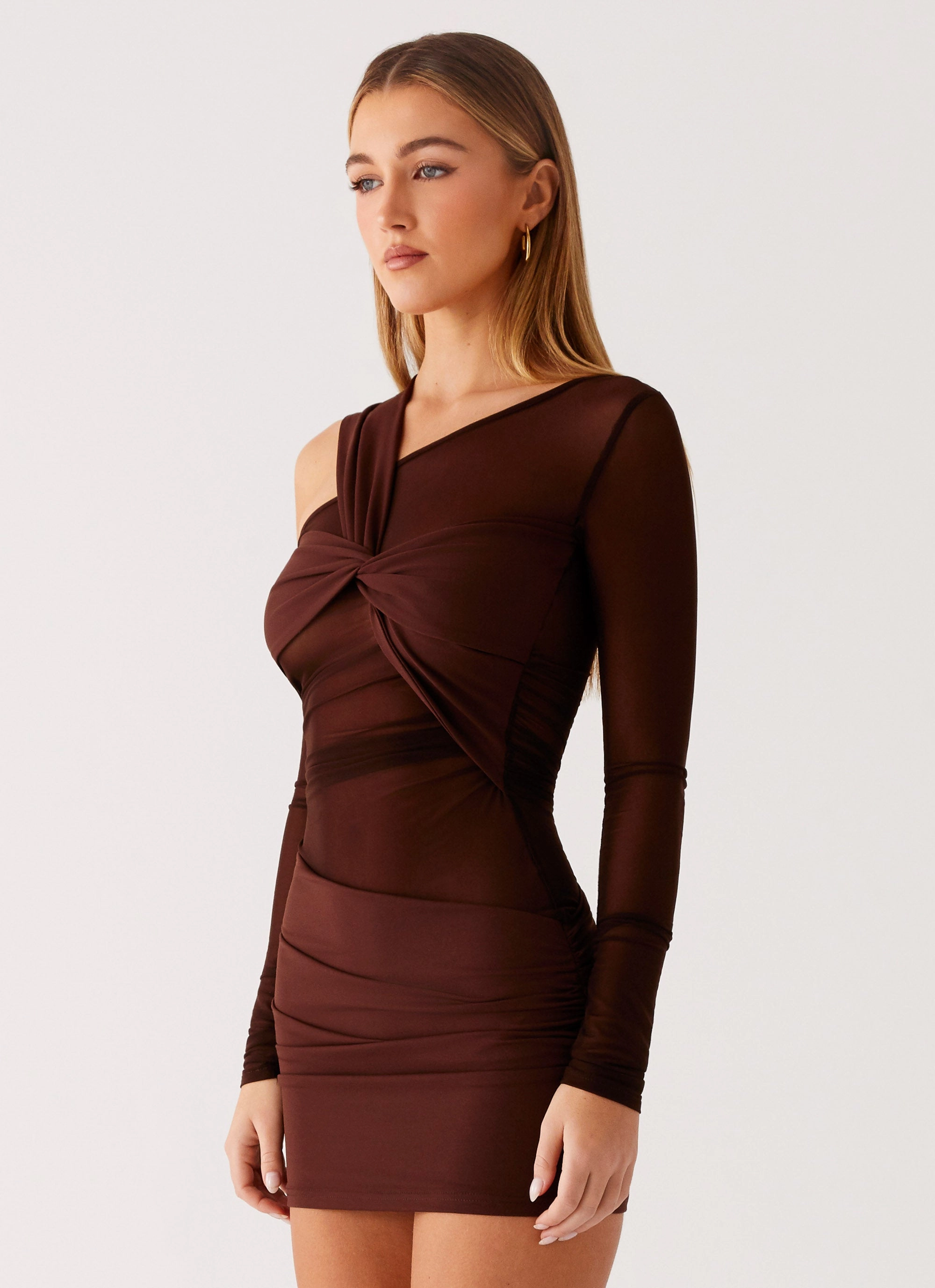 Ophelie Asymmetric Long Sleeve Mini Dress - Chocolate All Purpose