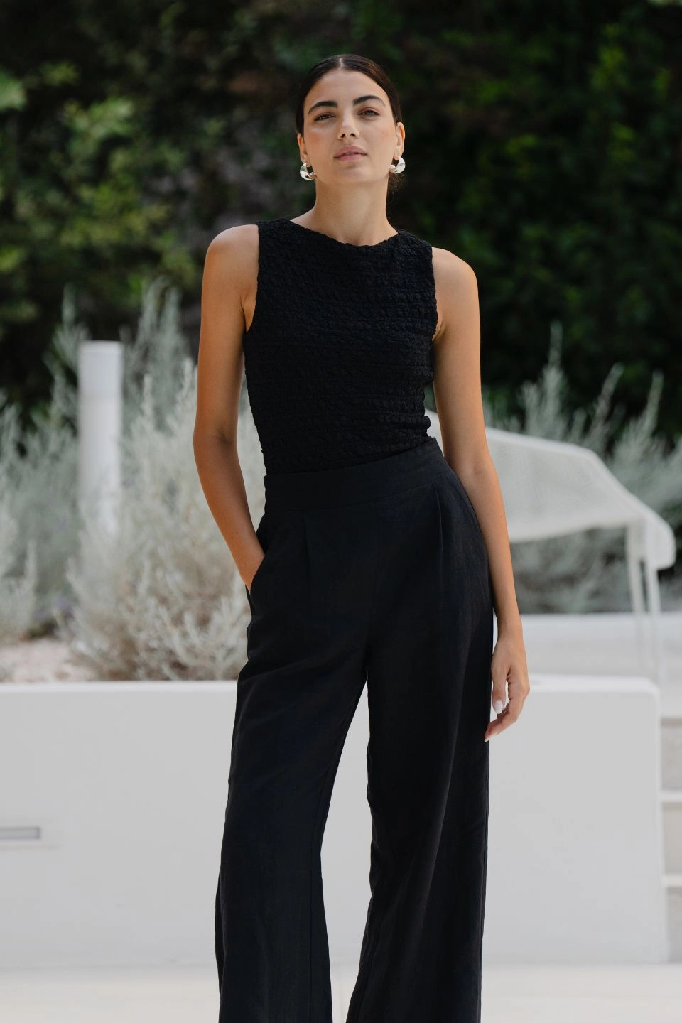 Guardian Black Linen Viscose Elastic Back Pants Layering Piece