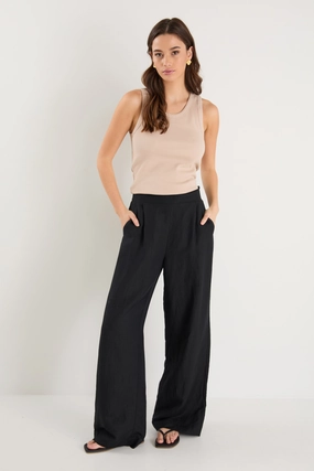 Guardian Black Linen Viscose Elastic Back Pants Soft Waistband