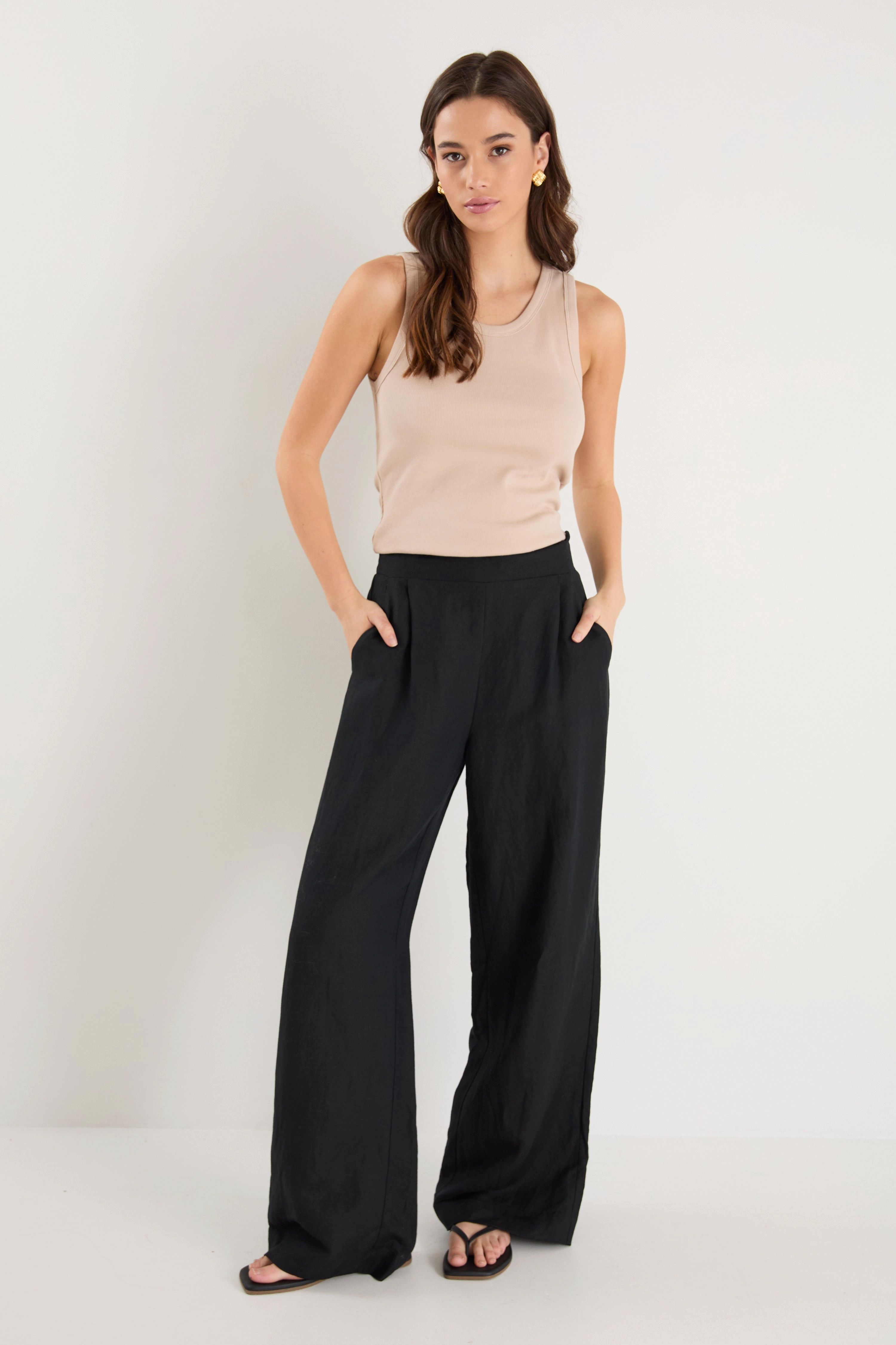 Guardian Black Linen Viscose Elastic Back Pants Soft Waistband