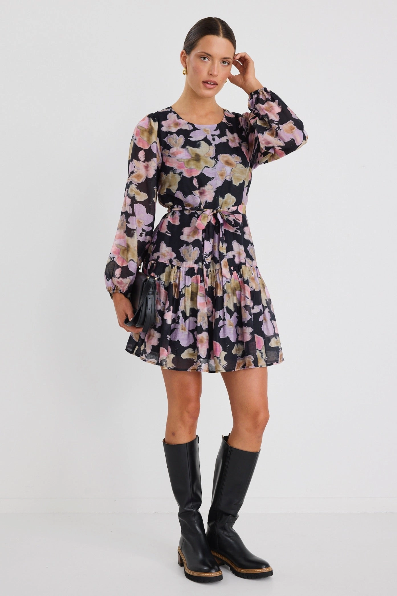 Dreamy Drape Sleek Waist Host Black Pressed Flower Balloon Sleeve Drop Waist Mini Dress
