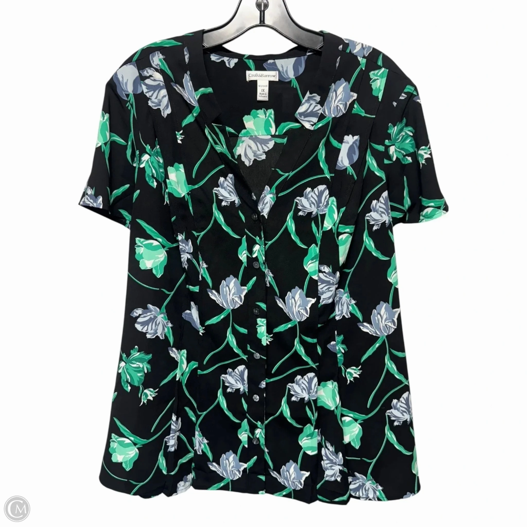 Thermal Regulation Fabric Versatile Comfort Top Short Sleeve By Croft And Barrow In Floral Print, Size: 1x