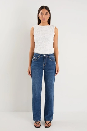 Modern Cut Hudson Mid Blue Mid Rise Heavy Stitch Straight Jean