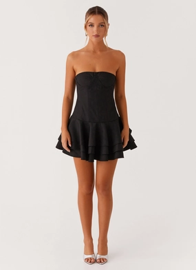 Floriana Ruffle Corset Mini Dress - Black wrap waist