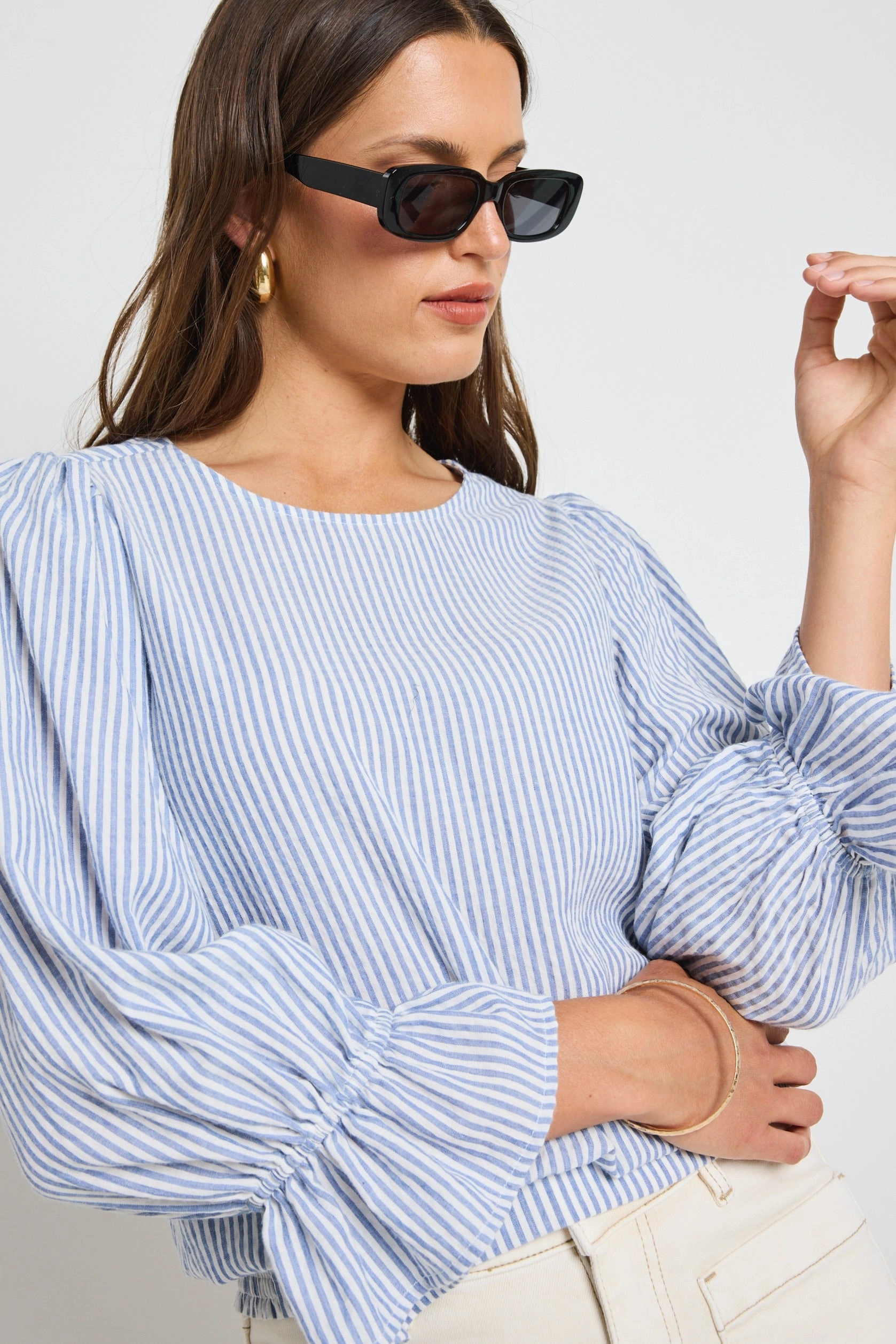 Imagine Blue Stripe Shirred Back LS Top MoistureControl NonSlip Grip Tape