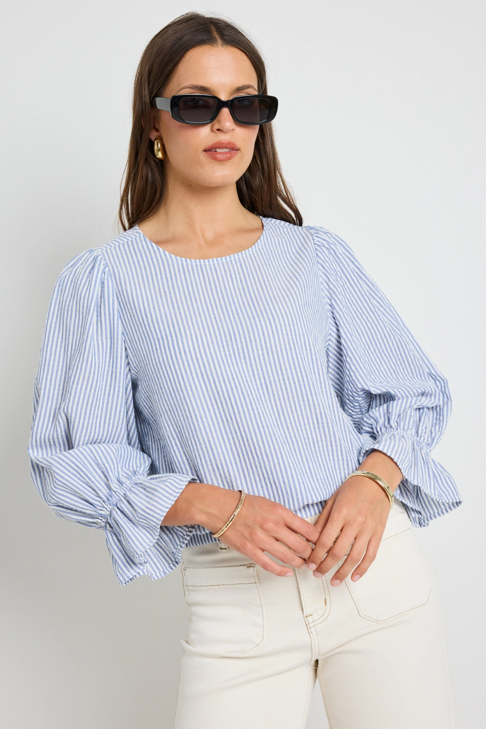 Raw Edge Finish Imagine Blue Stripe Shirred Back LS Top