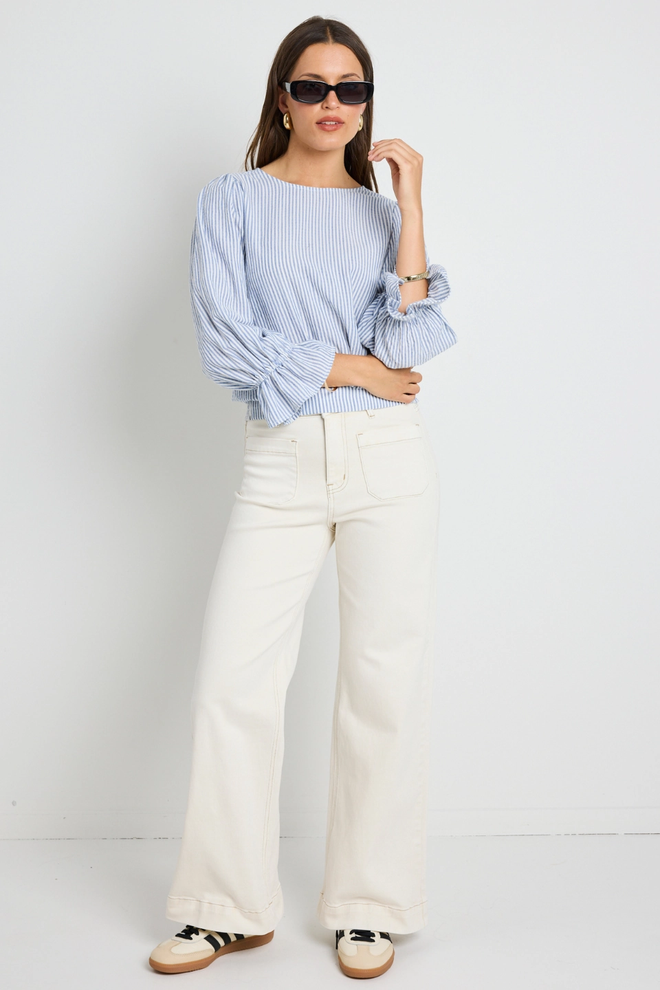 Imagine Blue Stripe Shirred Back LS Top Ultrasoft Inner Lining WrinkleResistant Fabric